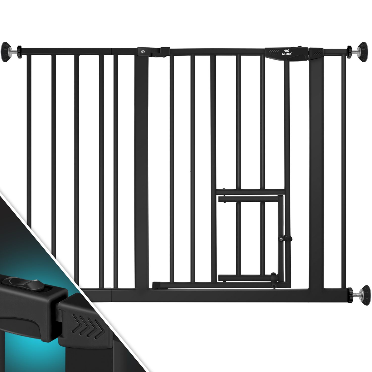 KIDIZ&reg; Absperrgitter zum Klemmen mit Katzenklappe, T&uuml;rschutzgitter, Autoclose Kinder Treppengitter ohne Bohren | 90&deg; Stopp Schutz, schwenkbar, Treppenschutzgitter 