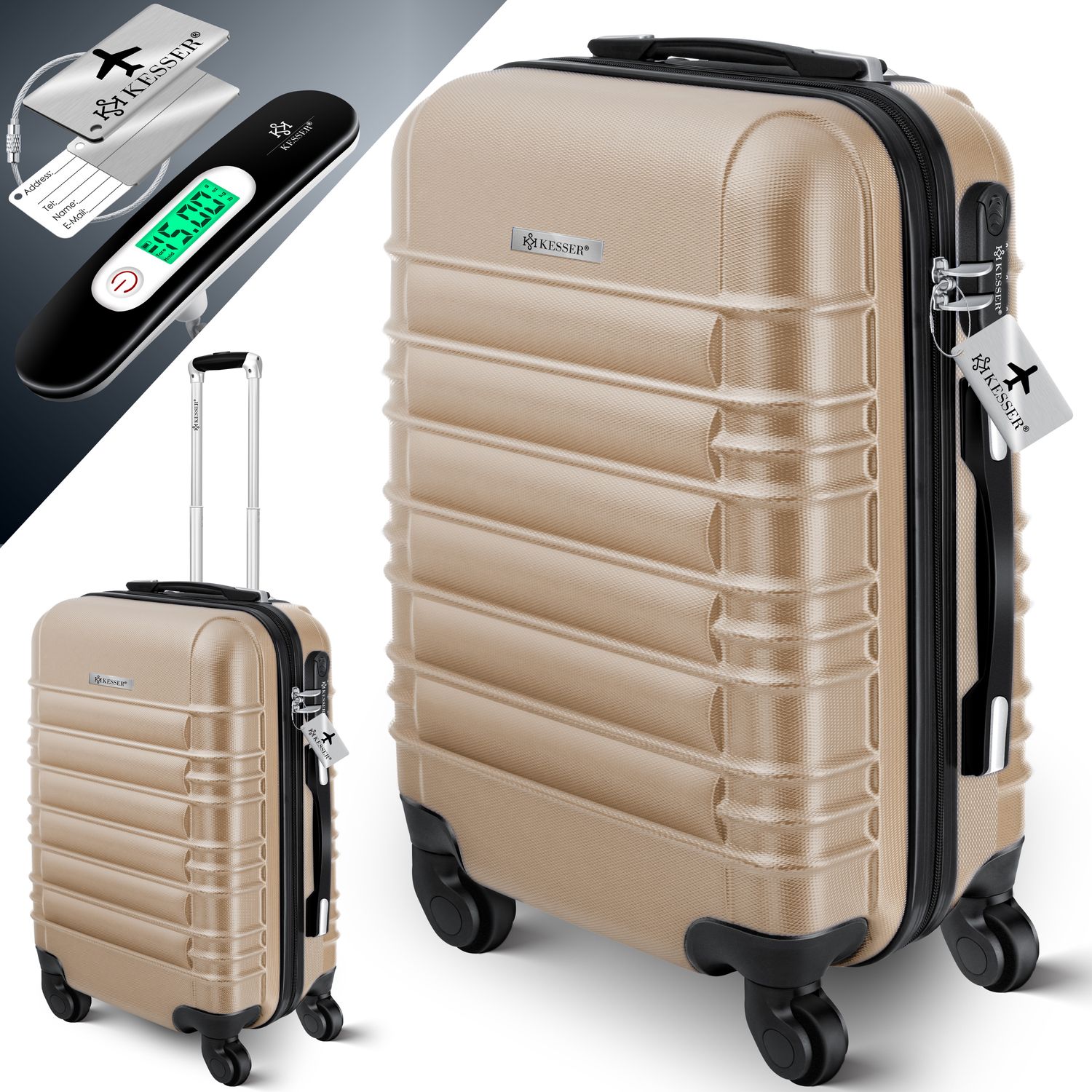 KESSER&reg; Reisekoffer Hartschalen-Koffer Inkl. Kofferwaage + Gep&auml;ckanh&auml;nger Trolley Gep&auml;ck Rollkoffer Zahlenschloss 4 Rollen ABS-Hartschale Teleskopgriff 