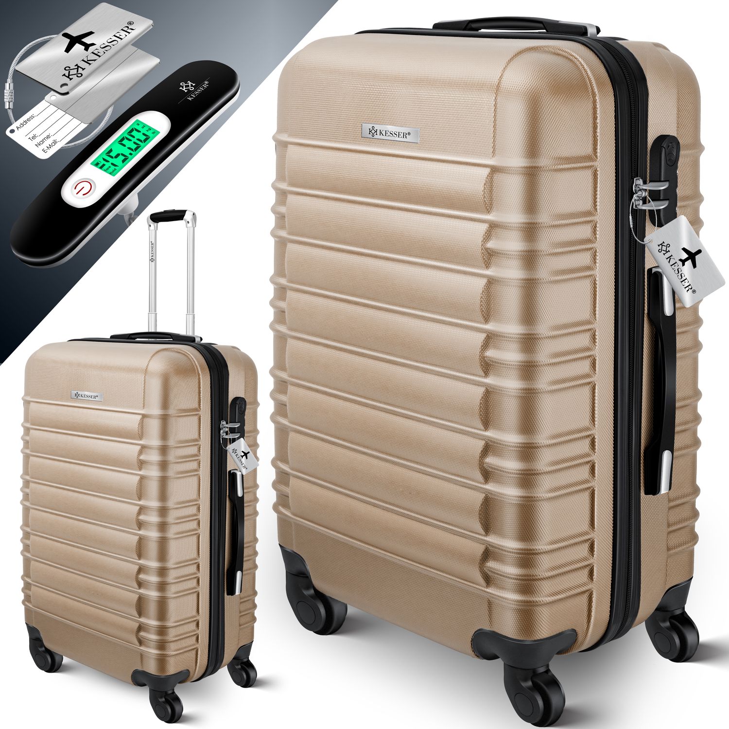 KESSER&reg; Reisekoffer Hartschalen-Koffer Inkl. Kofferwaage + Gep&auml;ckanh&auml;nger Trolley Gep&auml;ck Rollkoffer Zahlenschloss 4 Rollen ABS-Hartschale Teleskopgriff 