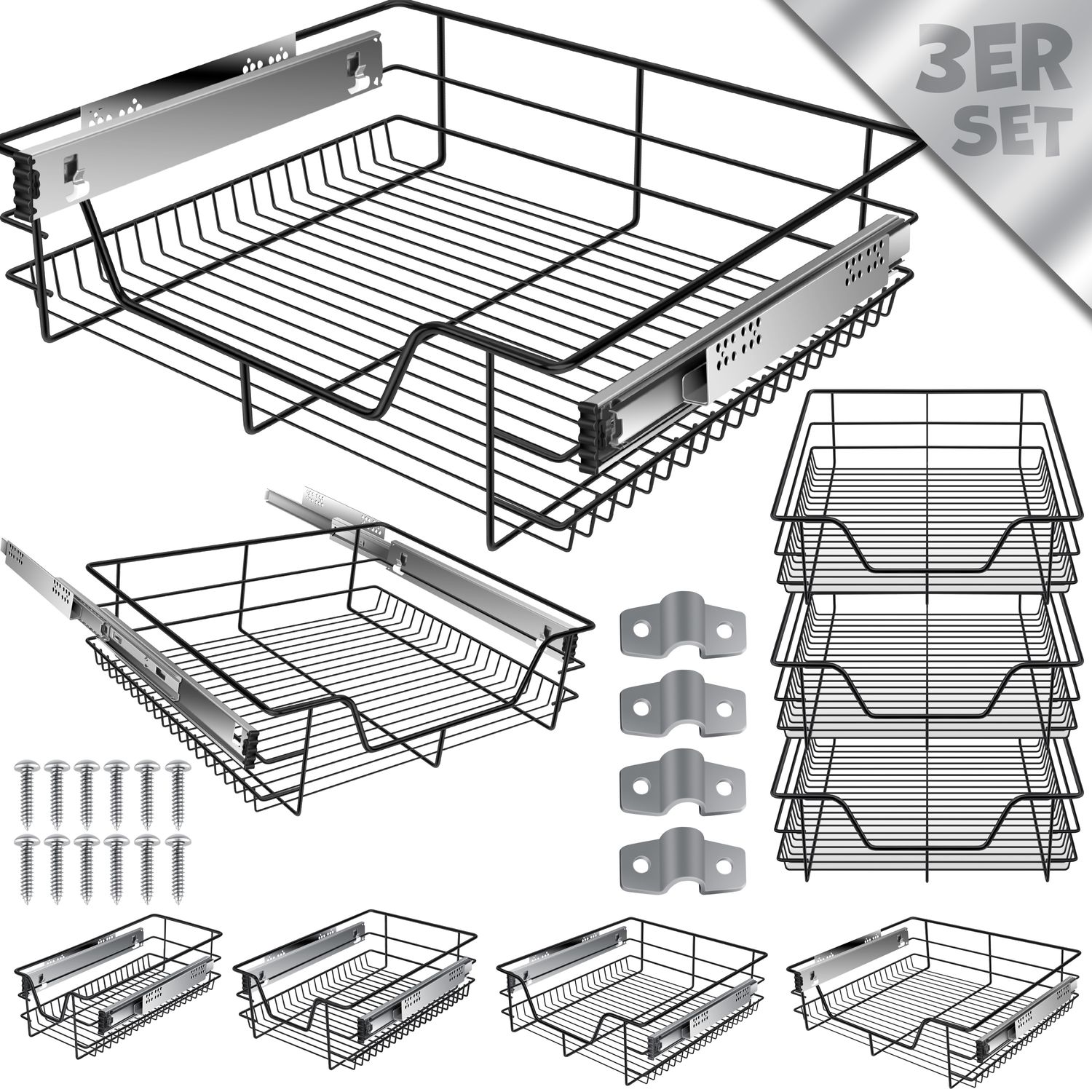 KESSER&reg; Teleskopschublade 30-60cm Schrankbreite verchromt aus Edelstahl Schubladeneinsatz f&uuml;r K&uuml;chenschrank Korbauszug Schrankauszug 