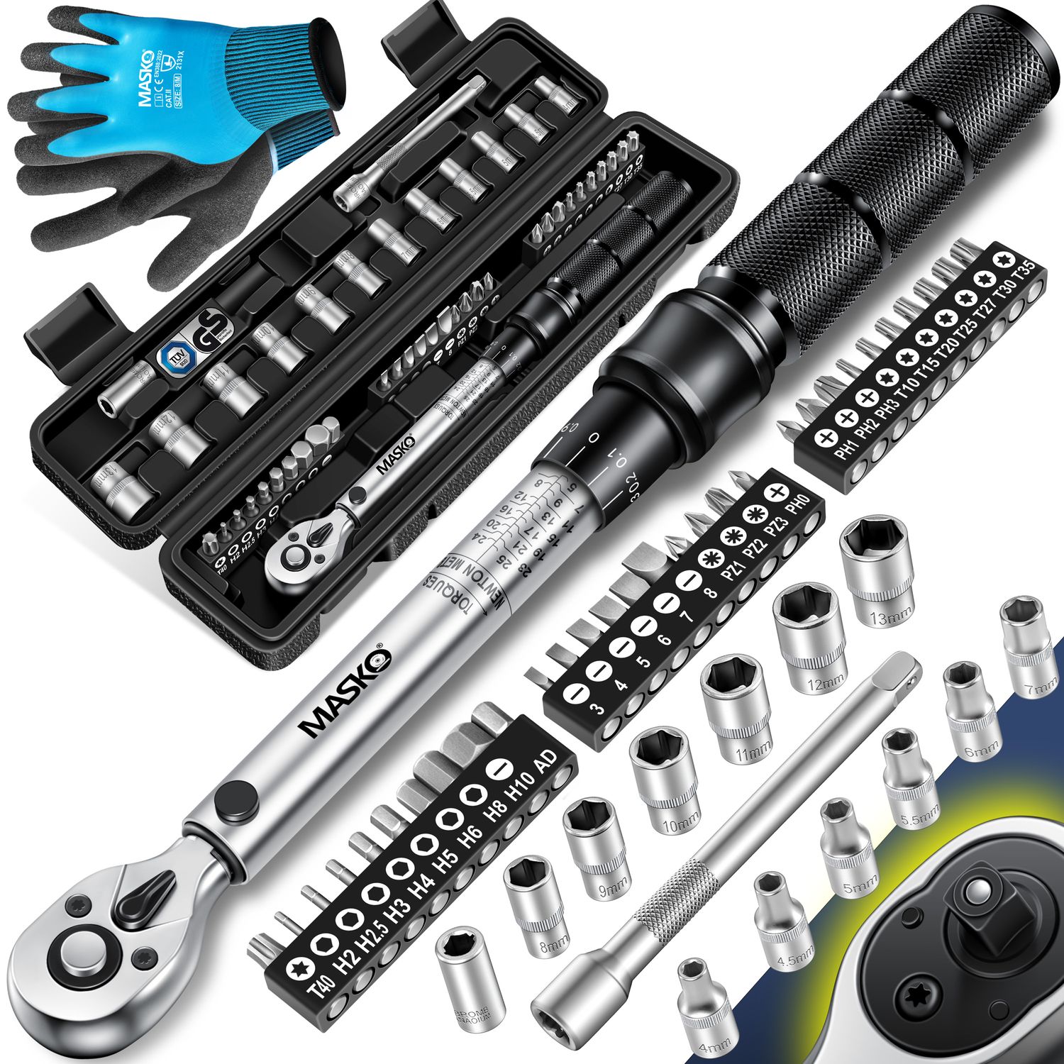 MASKO&reg; Drehmomentschl&uuml;ssel 45-tlg. Set Auto, Fahrrad & Motorrad 1/4 Zoll 5-25Nm inkl. Handschuhe, Magnetische Z&uuml;ndkerzenh&uuml;lse Steckn&uuml;sse mit Verl&auml;ngerungsstange 100mm +/- 4% Toleranz Reifenschl&uuml;sse 