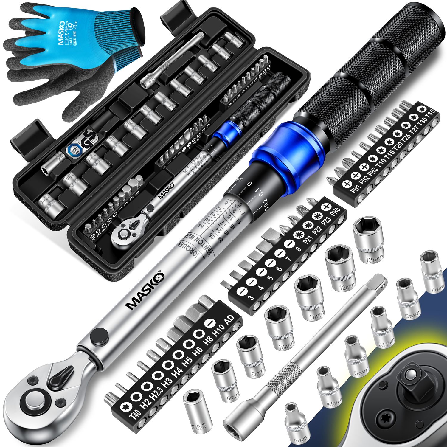 MASKO&reg; Drehmomentschl&uuml;ssel 45-tlg. Set Auto, Fahrrad & Motorrad 1/4 Zoll 5-25Nm inkl. Handschuhe, Magnetische Z&uuml;ndkerzenh&uuml;lse Steckn&uuml;sse mit Verl&auml;ngerungsstange 100mm +/- 4% Toleranz Reifenschl&uuml;sse 