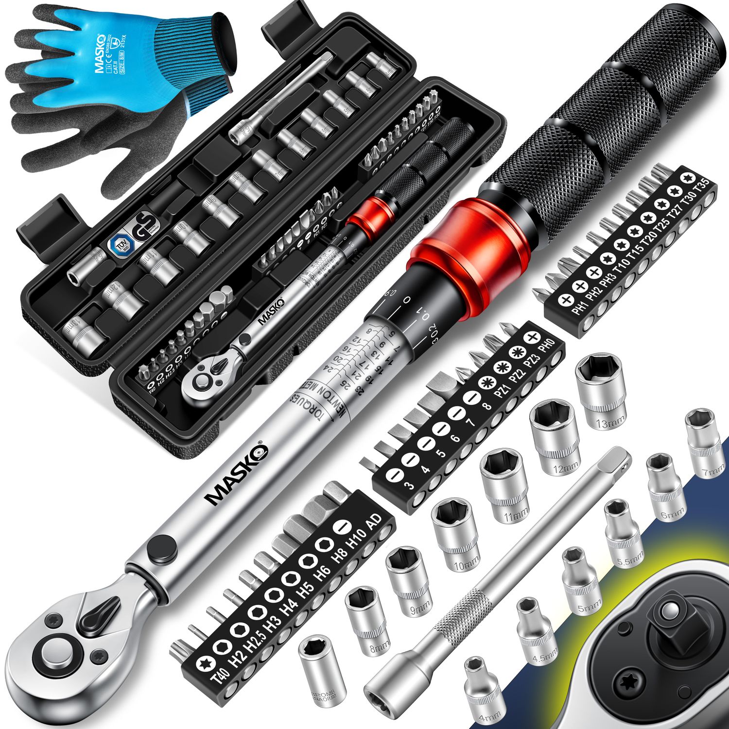 MASKO&reg; Drehmomentschl&uuml;ssel 45-tlg. Set Auto, Fahrrad & Motorrad 1/4 Zoll 5-25Nm inkl. Handschuhe, Magnetische Z&uuml;ndkerzenh&uuml;lse Steckn&uuml;sse mit Verl&auml;ngerungsstange 100mm +/- 4% Toleranz Reifenschl&uuml;sse 