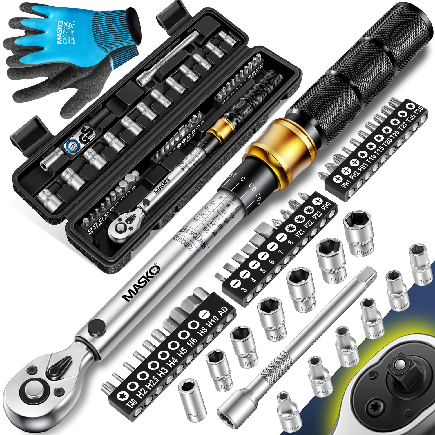 MASKO&reg; Drehmomentschl&uuml;ssel 45-tlg. Set Auto, Fahrrad & Motorrad 1/4 Zoll 5-25Nm inkl. Handschuhe, Magnetische Z&uuml;ndkerzenh&uuml;lse Steckn&uuml;sse mit Verl&auml;ngerungsstange 100mm +/- 4% Toleranz Reifenschl&uuml;sse 