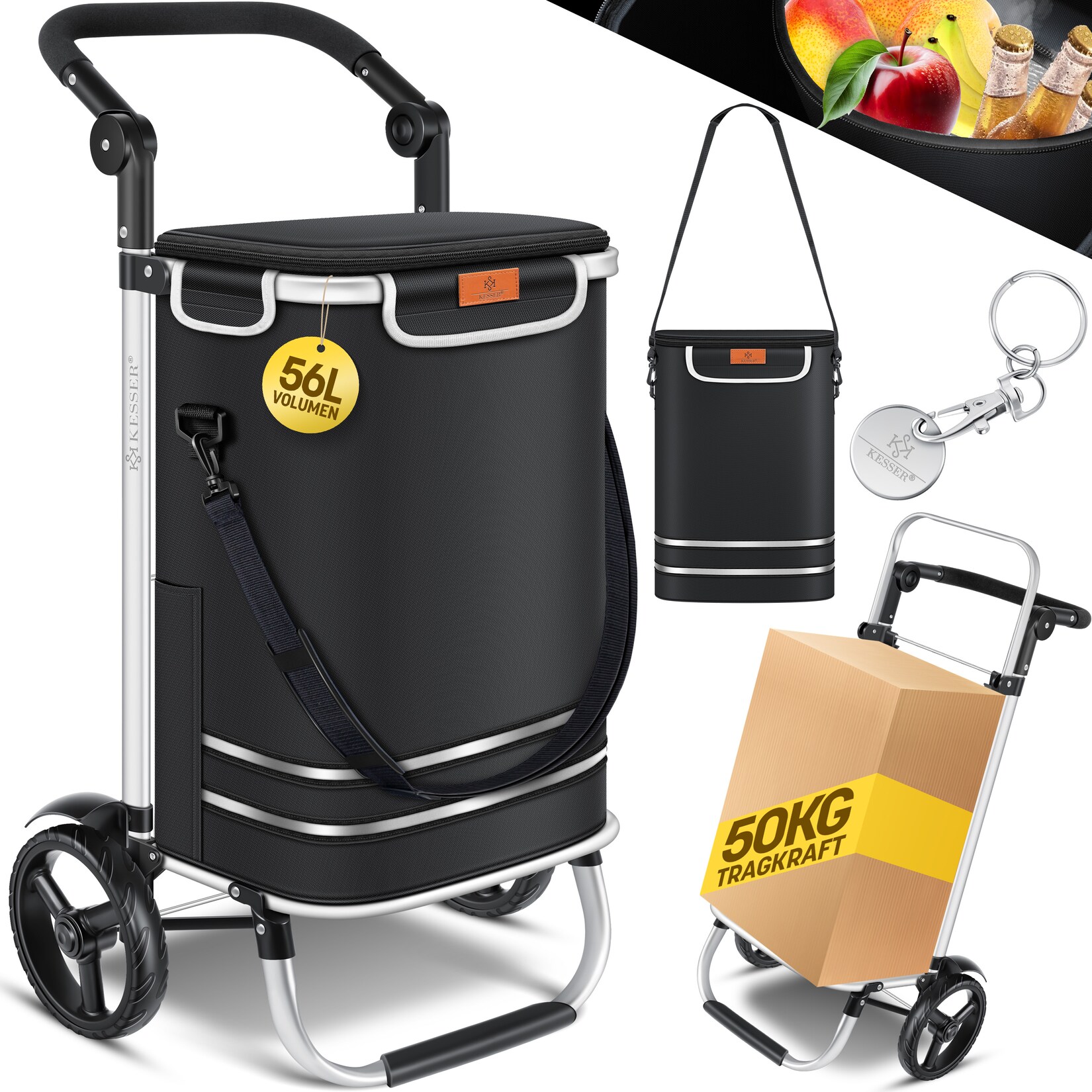 ® Einkaufstrolley klappbar mit  Kapazität und belastbar bis 50kg   3in1 Trolley Sackkarre & Umhängetasche   Faltbarer Einkaufswagen inkl. Kühlfach & Einkaufschip   Treppensteiger