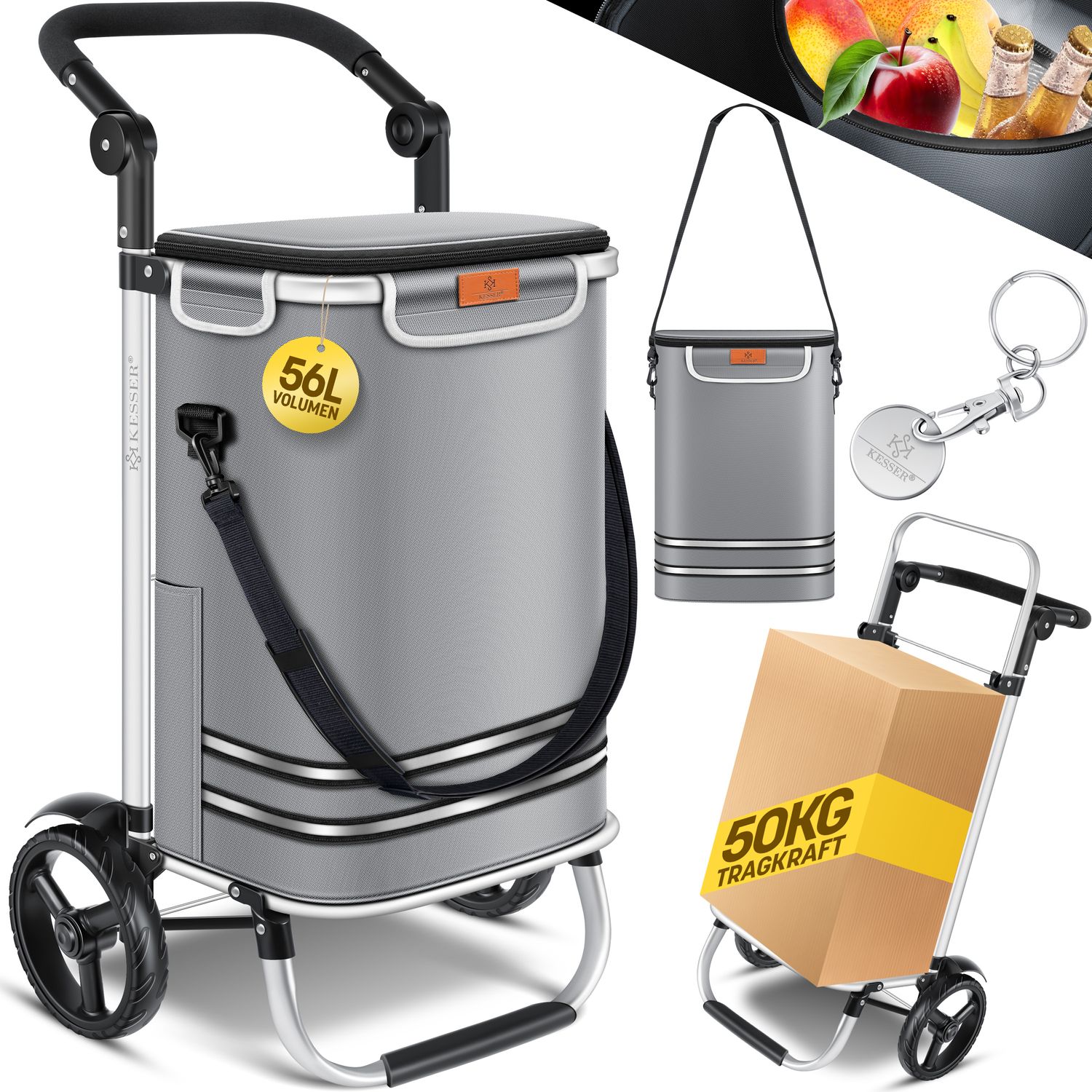 KESSER&reg; Einkaufstrolley klappbar mit 56L Kapazit&auml;t und belastbar bis 50kg | 3in1 Trolley Sackkarre & Umh&auml;ngetasche | Faltbarer Einkaufswagen inkl. K&uuml;hlfach & Einkaufschip | Treppensteiger 