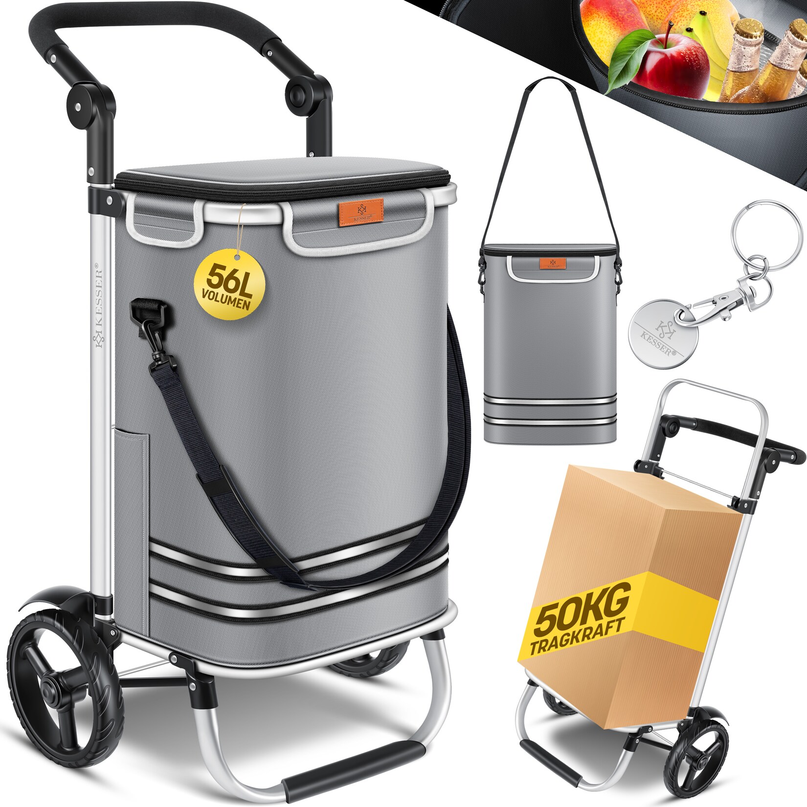 ® Einkaufstrolley klappbar mit  Kapazität und belastbar bis 50kg   3in1 Trolley Sackkarre & Umhängetasche   Faltbarer Einkaufswagen inkl. Kühlfach & Einkaufschip   Treppensteiger