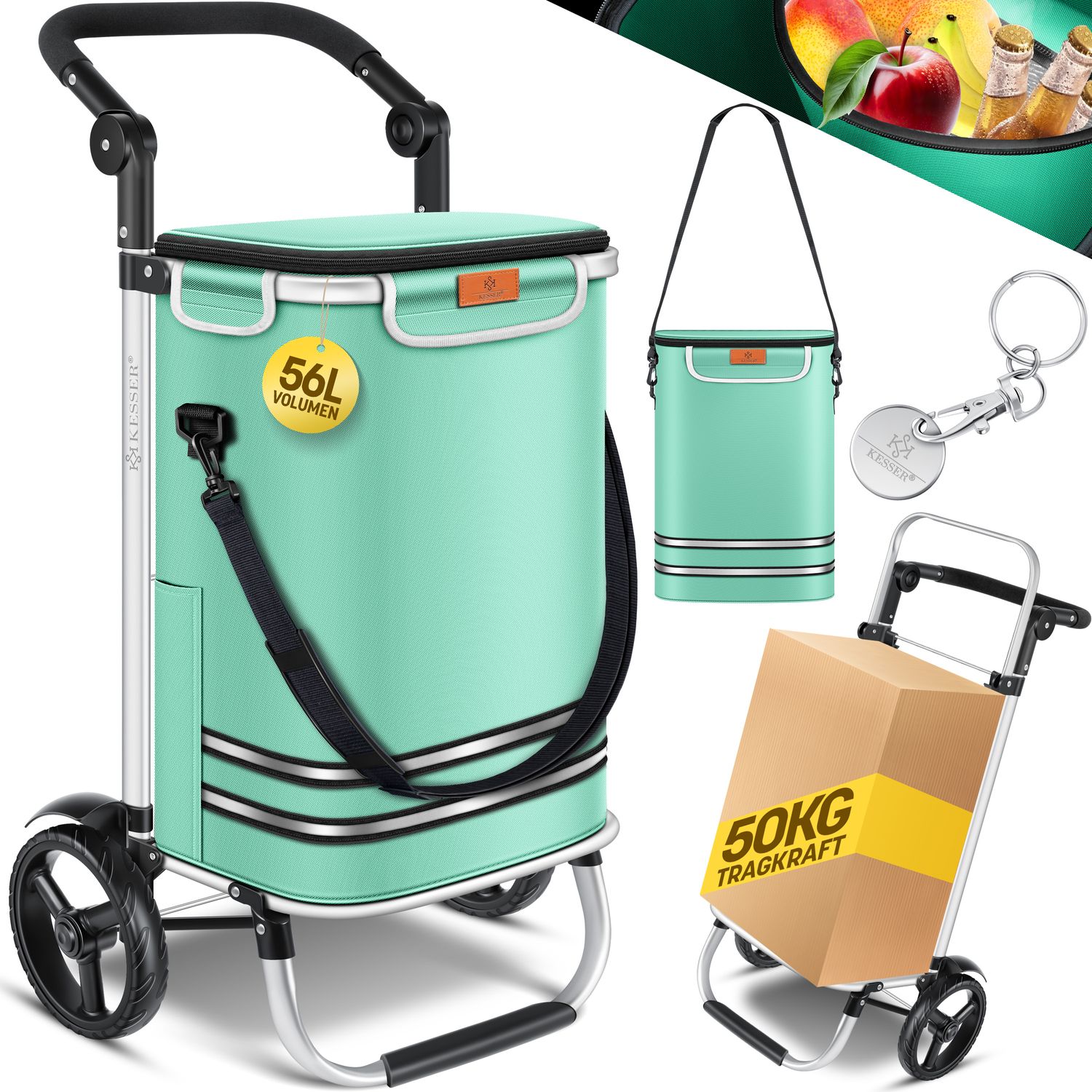 KESSER&reg; Einkaufstrolley klappbar mit 56L Kapazit&auml;t und belastbar bis 50kg | 3in1 Trolley Sackkarre & Umh&auml;ngetasche | Faltbarer Einkaufswagen inkl. K&uuml;hlfach & Einkaufschip | Treppensteiger 