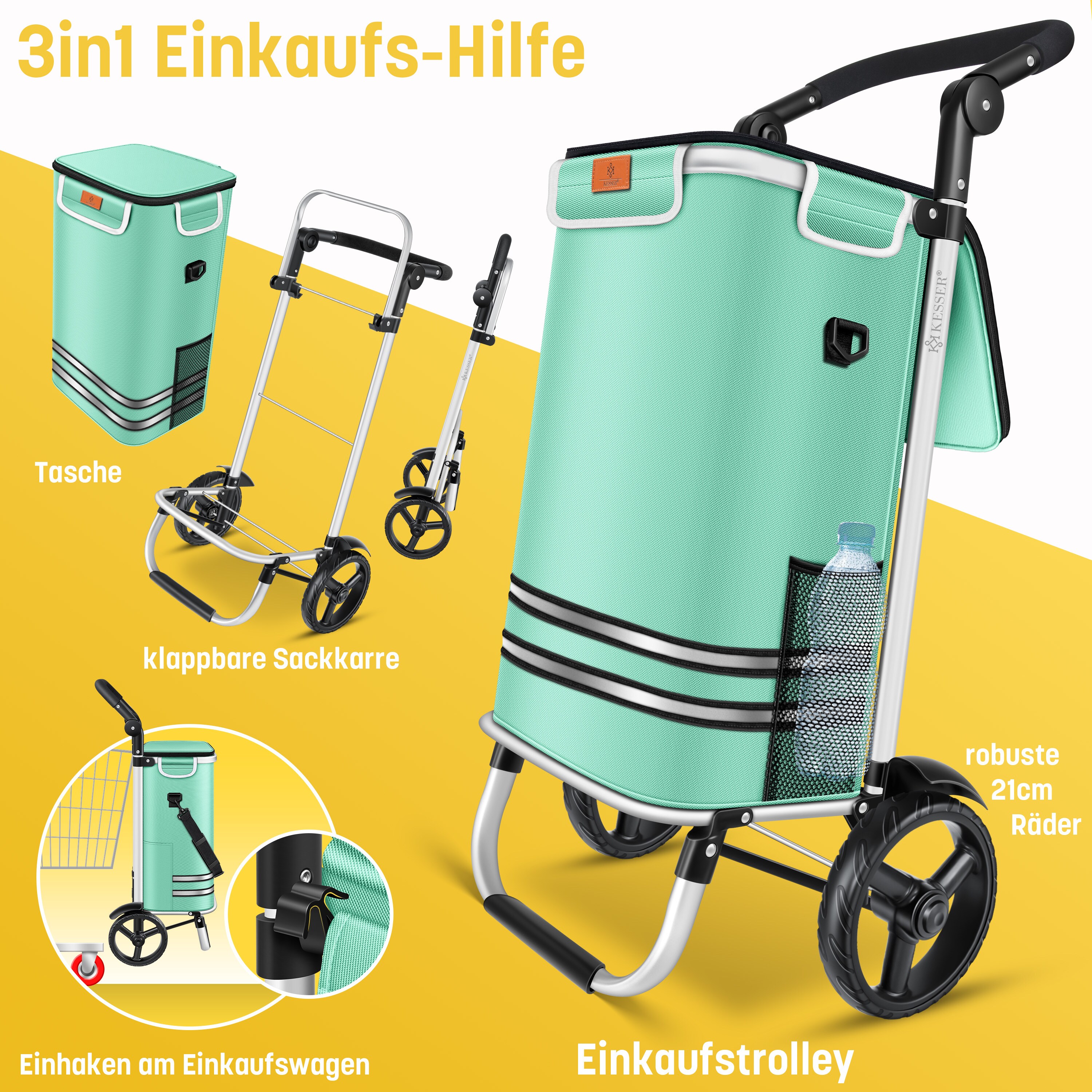 KESSER® Einkaufstrolley klappbar mit 56L Kapazität und belastbar bis 50kg | 3in1 Trolley Sackkarre & Umhängetasche | Faltbarer Einkaufswagen inkl. Kühlfach & Einkaufschip