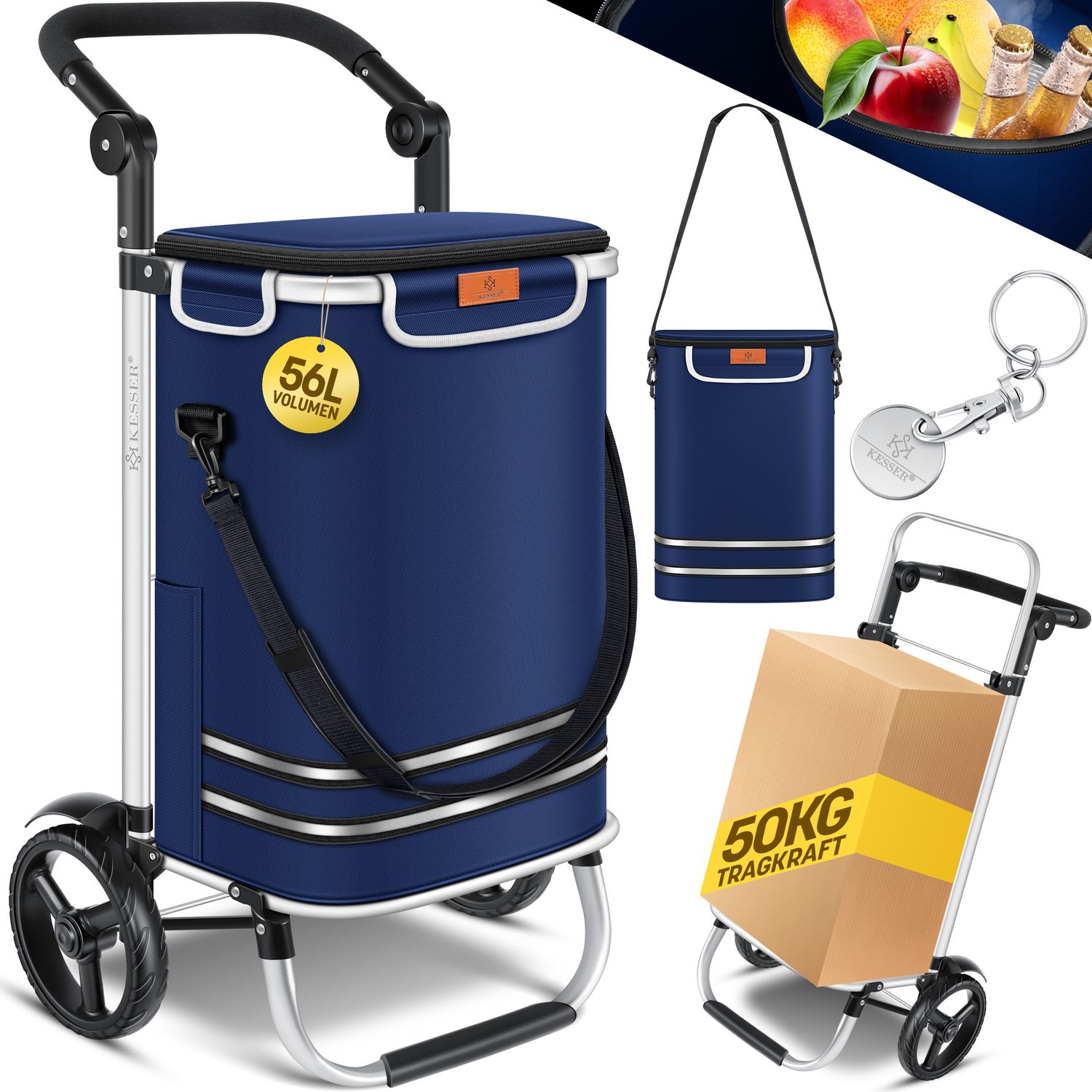 KESSER&reg; Einkaufstrolley klappbar mit 56L Kapazit&auml;t und belastbar bis 50kg | 3in1 Trolley Sackkarre & Umh&auml;ngetasche | Faltbarer Einkaufswagen inkl. K&uuml;hlfach & Einkaufschip | Treppensteiger 