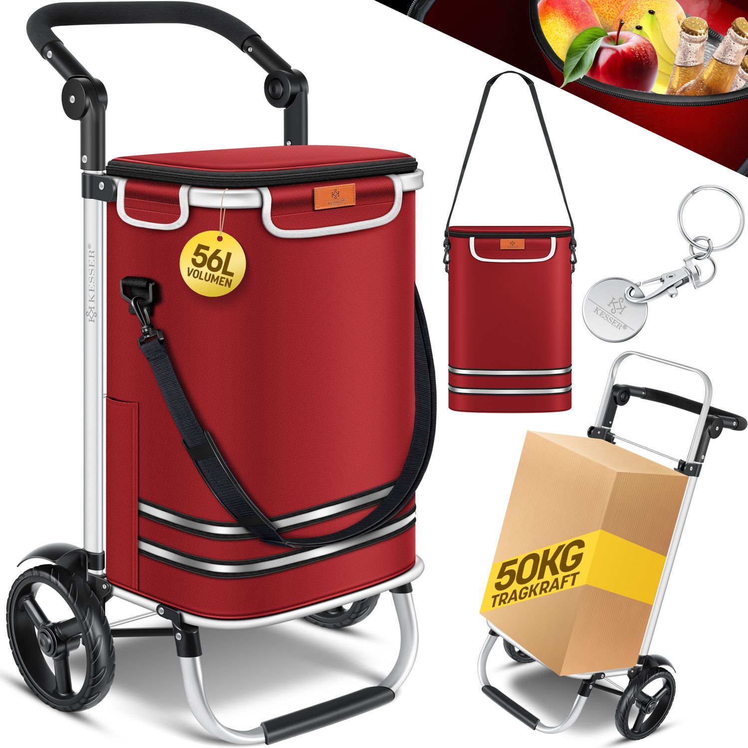 KESSER&reg; Einkaufstrolley klappbar mit 56L Kapazit&auml;t und belastbar bis 50kg | 3in1 Trolley Sackkarre & Umh&auml;ngetasche | Faltbarer Einkaufswagen inkl. K&uuml;hlfach & Einkaufschip | Treppensteiger 