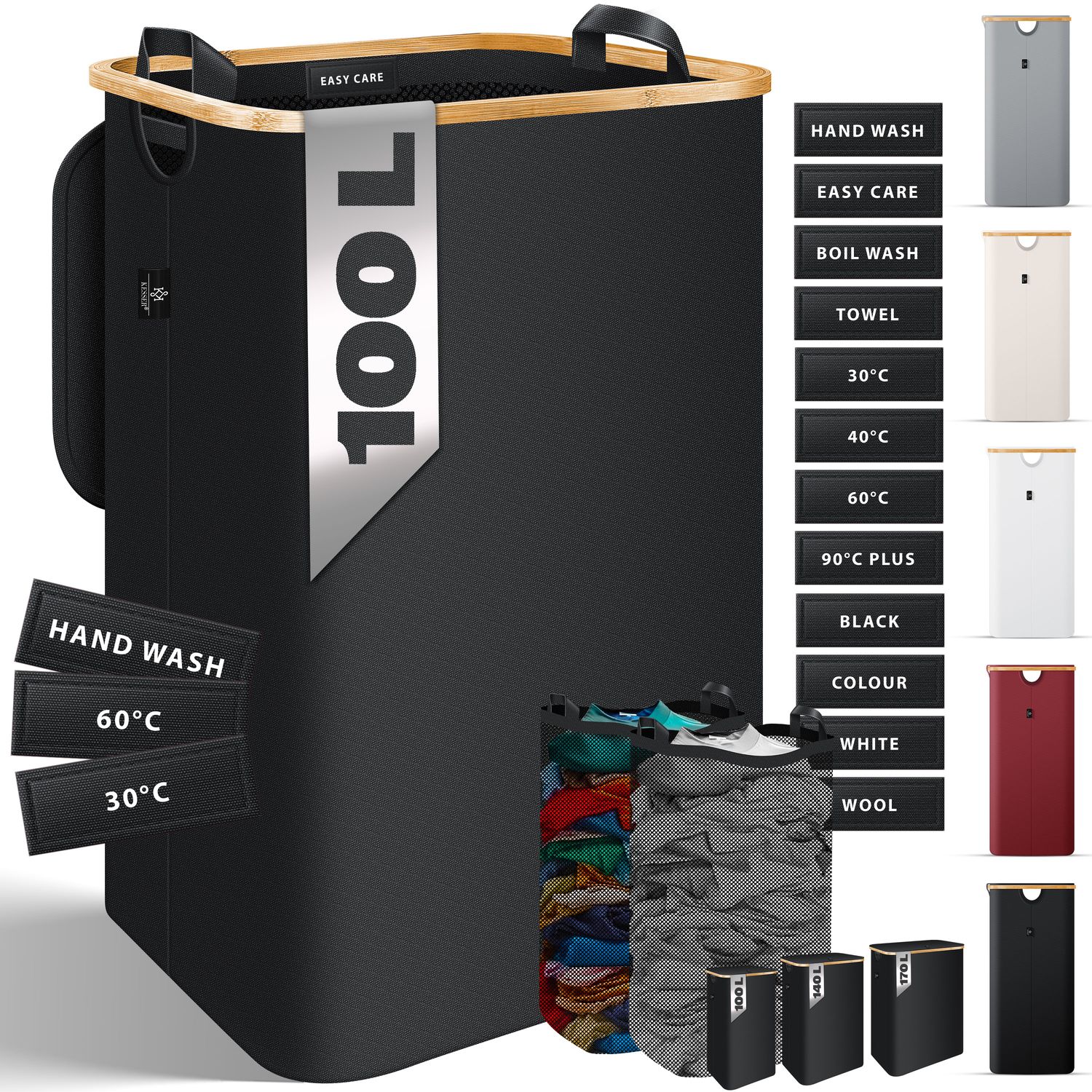 KESSER&reg; W&auml;schekorb mit Deckel faltbar W&auml;schebox W&auml;schetruhe W&auml;schetonne | W&auml;schesammler mit herausnehmbaren W&auml;sches&auml;cke | Laundry Baskets W&auml;schesortierter inkl. Waschhinweisen 