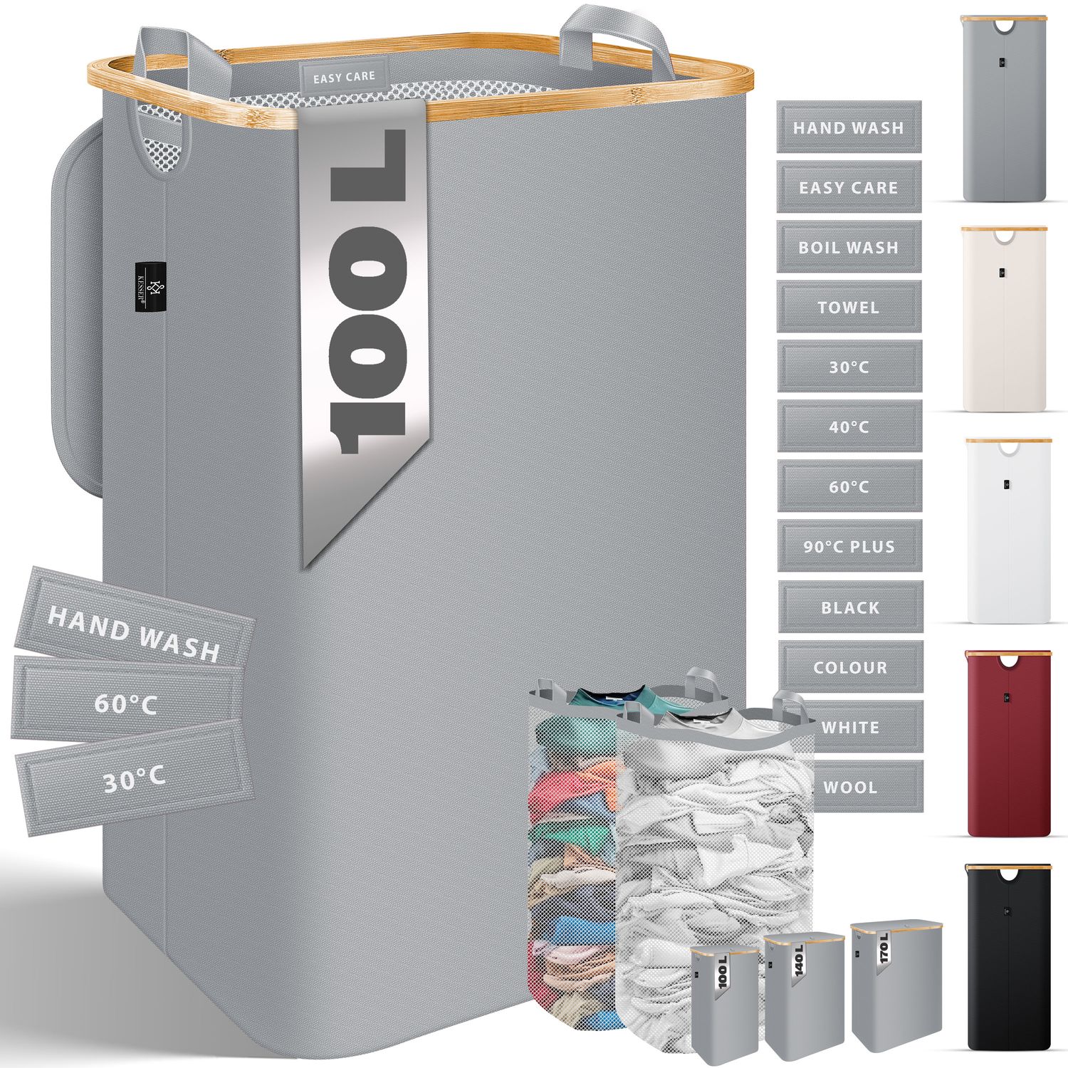 KESSER&reg; W&auml;schekorb mit Deckel faltbar W&auml;schebox W&auml;schetruhe W&auml;schetonne | W&auml;schesammler mit herausnehmbaren W&auml;sches&auml;cke | Laundry Baskets W&auml;schesortierter inkl. Waschhinweisen 