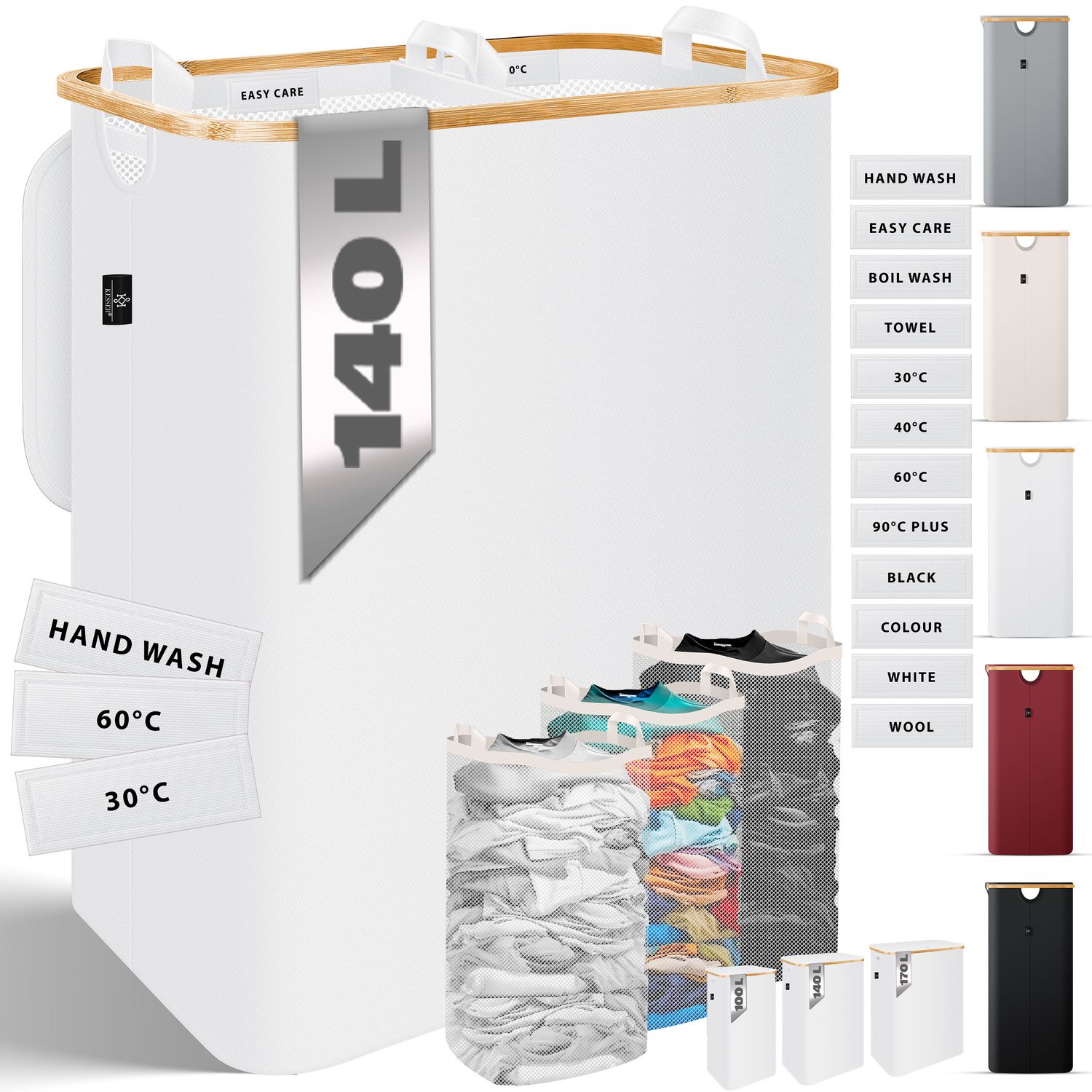 KESSER&reg; W&auml;schekorb mit Deckel faltbar W&auml;schebox W&auml;schetruhe W&auml;schetonne | W&auml;schesammler mit herausnehmbaren W&auml;sches&auml;cke | Laundry Baskets W&auml;schesortierter inkl. Waschhinweisen 