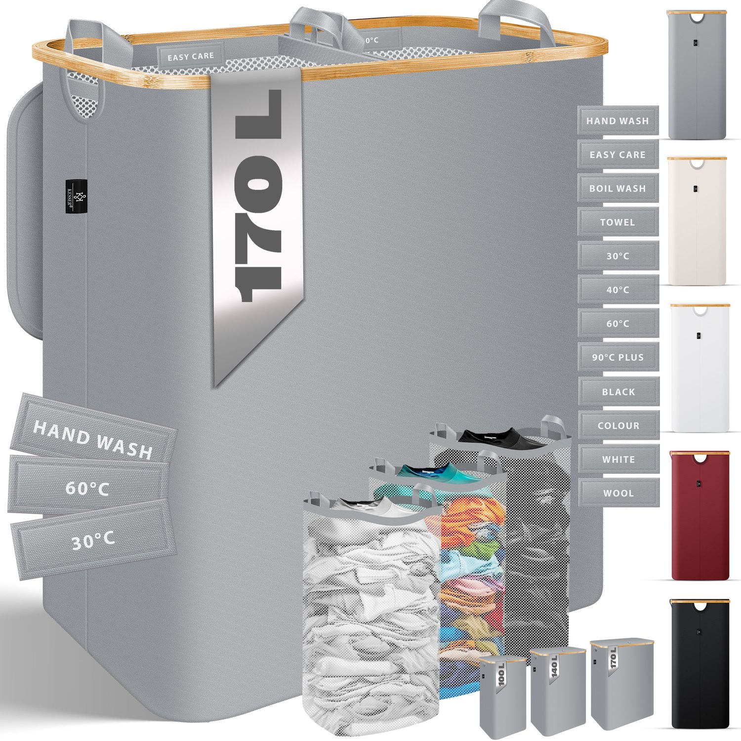 KESSER&reg; W&auml;schekorb mit Deckel faltbar W&auml;schebox W&auml;schetruhe W&auml;schetonne | W&auml;schesammler mit herausnehmbaren W&auml;sches&auml;cke | Laundry Baskets W&auml;schesortierter inkl. Waschhinweisen 