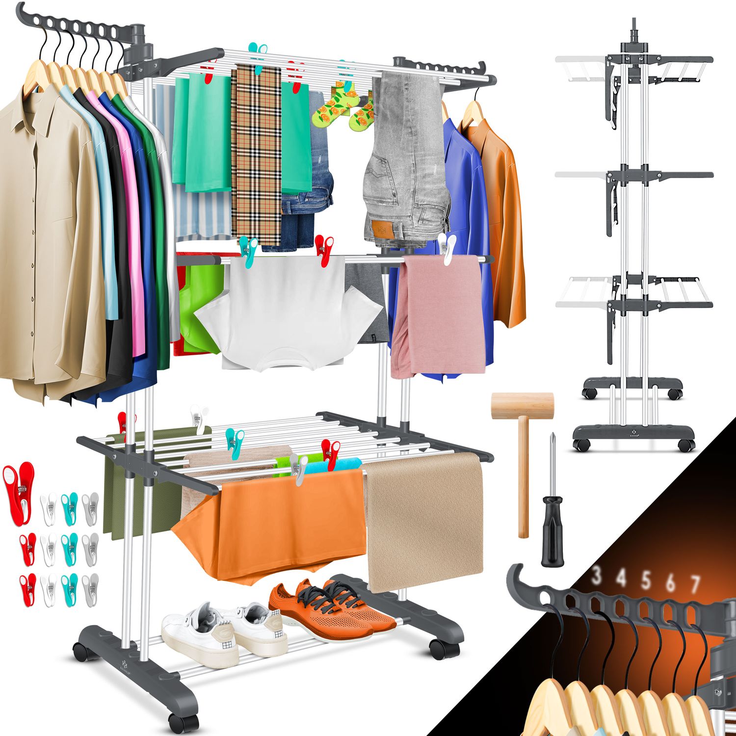 KESSER&reg; W&auml;schest&auml;nder-Turm mit R&auml;dern Platzsparender W&auml;schetrockner f&uuml;r Innen & Au&szlig;en 4-Etagen 2 drehbare Seitenfl&uuml;gel und 6 klappbare Ebenen Standtrockner W&auml;scheturm Zusammenklappbar 