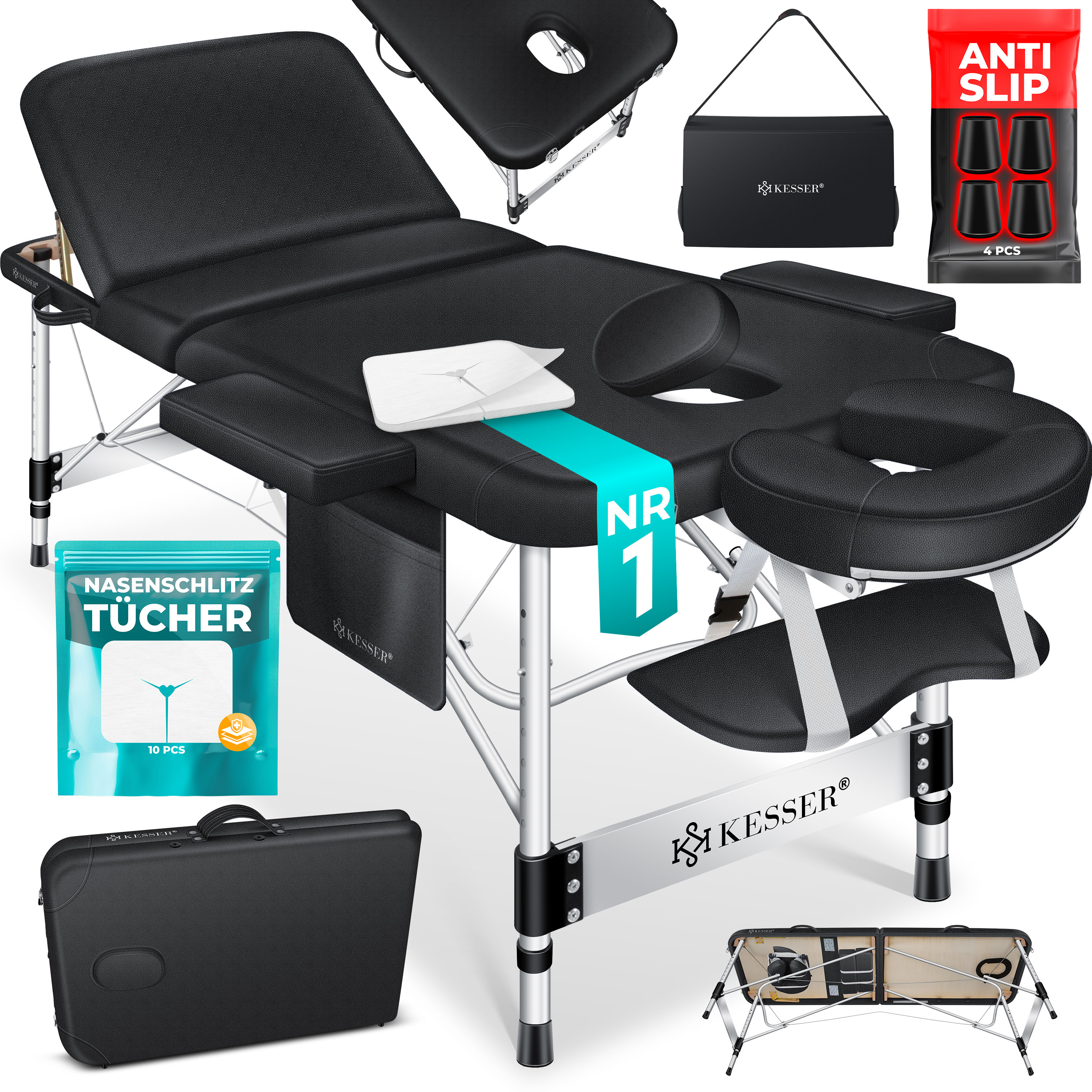 KESSER&reg; Mobile Massageliege klappbar & h&ouml;henverstellbar 3 Zonen Massagebett Massagetisch Kosmetikliege Breit Therapieliege Aluminium + 10x Gesichtsauflage mit Kopfst&uuml;tze Armlehnen & Tasche 