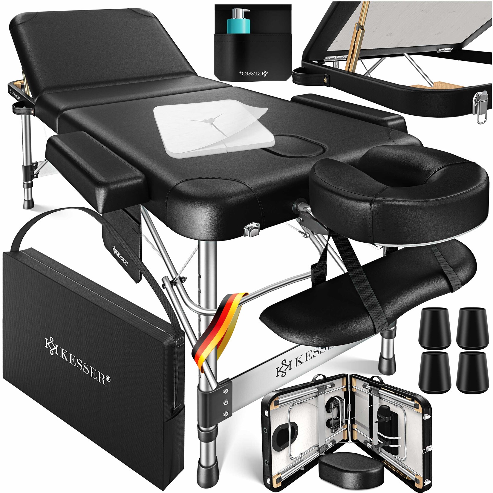 ® Mobile Massageliege klappbar & höhenverstellbar 3 Zonen Massagebett Massagetisch Kosmetikliege Breit Therapieliege Aluminium + 10x Gesichtsauflage mit Kopfstütze Armlehnen & Tasche