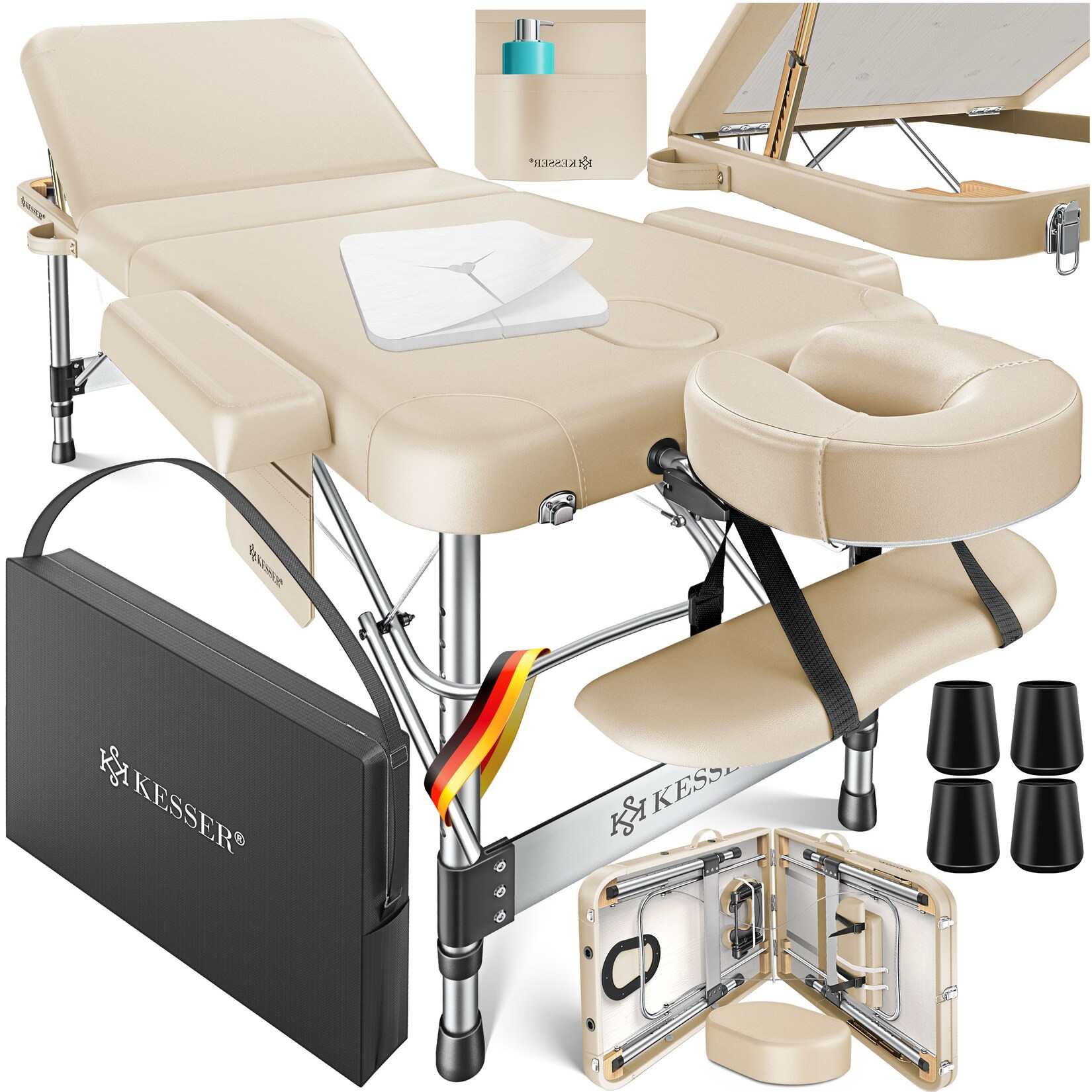 ® Mobile Massageliege klappbar & höhenverstellbar 3 Zonen Massagebett Massagetisch Kosmetikliege Breit Therapieliege Aluminium + 10x Gesichtsauflage mit Kopfstütze Armlehnen & Tasche
