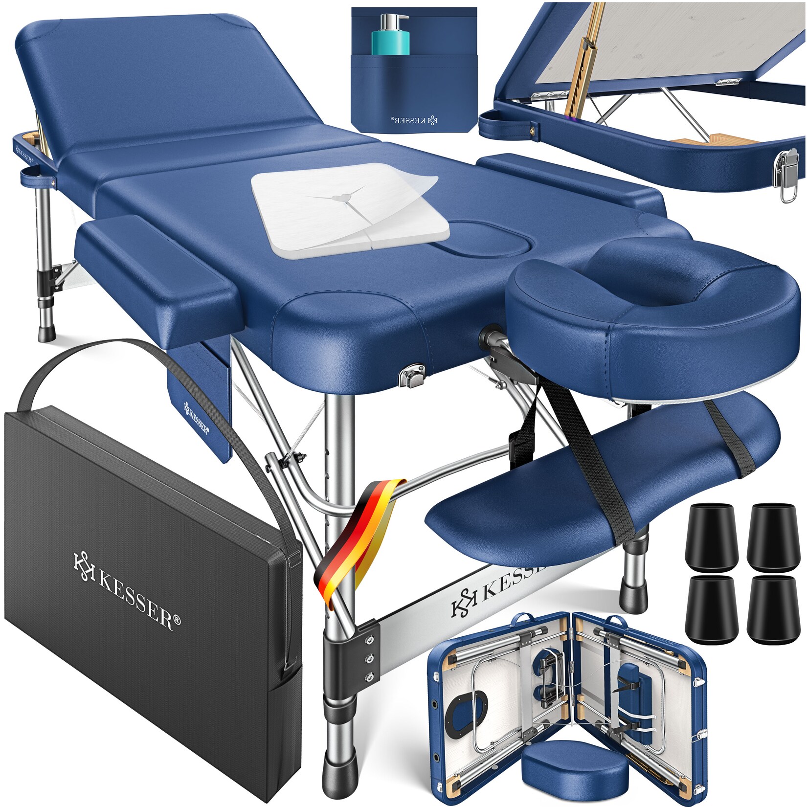 ® Mobile Massageliege klappbar & höhenverstellbar 3 Zonen Massagebett Massagetisch Kosmetikliege Breit Therapieliege Aluminium + 10x Gesichtsauflage mit Kopfstütze Armlehnen & Tasche