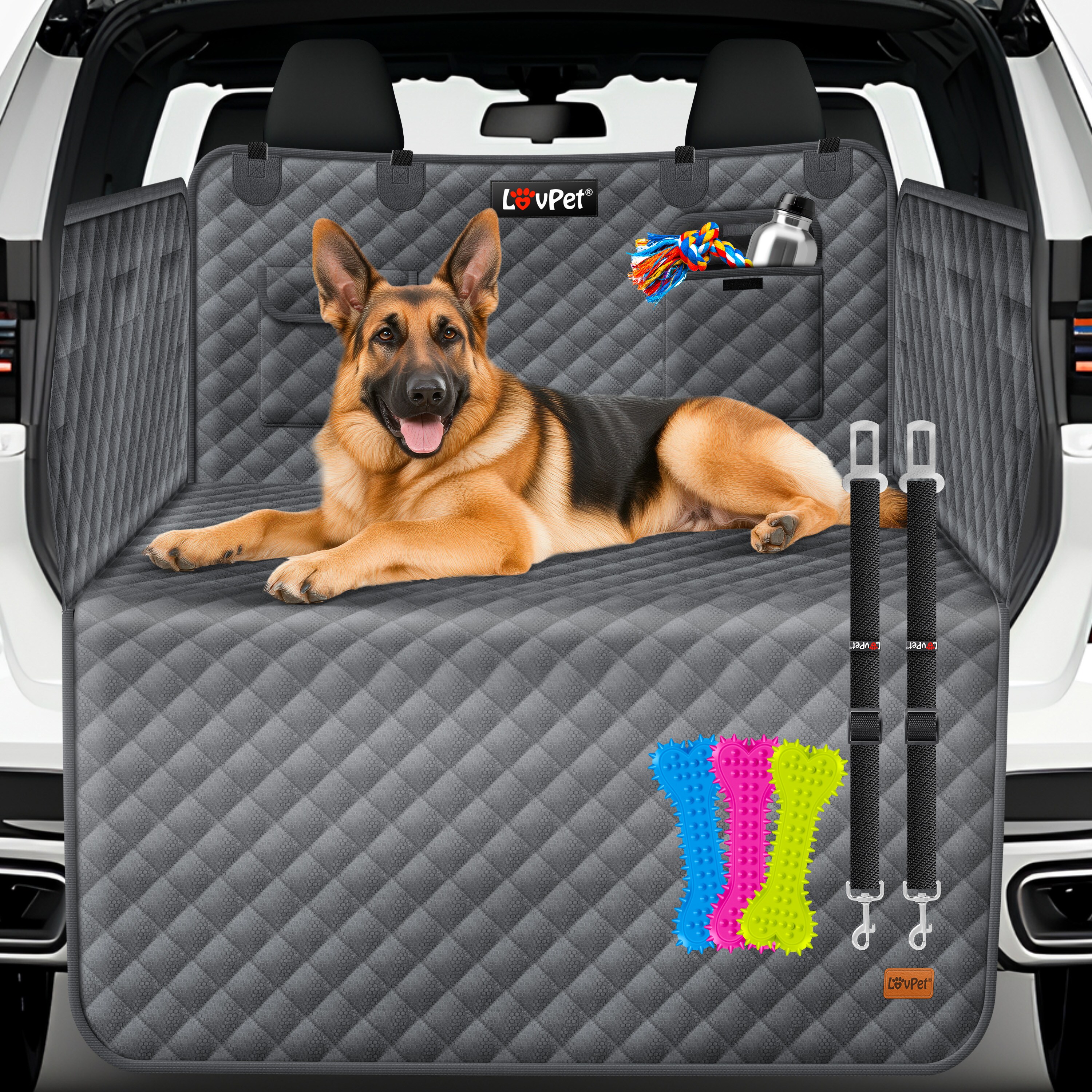 LOVPET&reg; Kofferraumschutz Hund gesteppt mit Seiten- und Ladekantenschutz | Universale Kofferraum-Schutzmatte f&uuml;r Hunde | Hundedecke Wasserabweisend & Kratzfest mit Sicherheitsgurt und Zubeh&ouml;r 