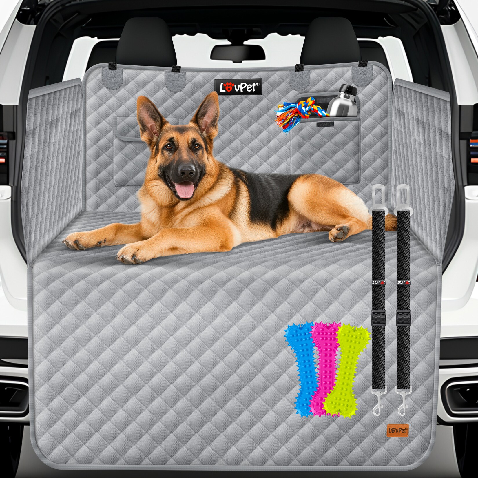 ® Kofferraumschutz Hund gesteppt mit Seiten- und Ladekantenschutz   Universale Kofferraum-Schutzmatte für Hunde   Hundedecke Wasserabweisend & Kratzfest mit Sicherheitsgurt und Zubehör