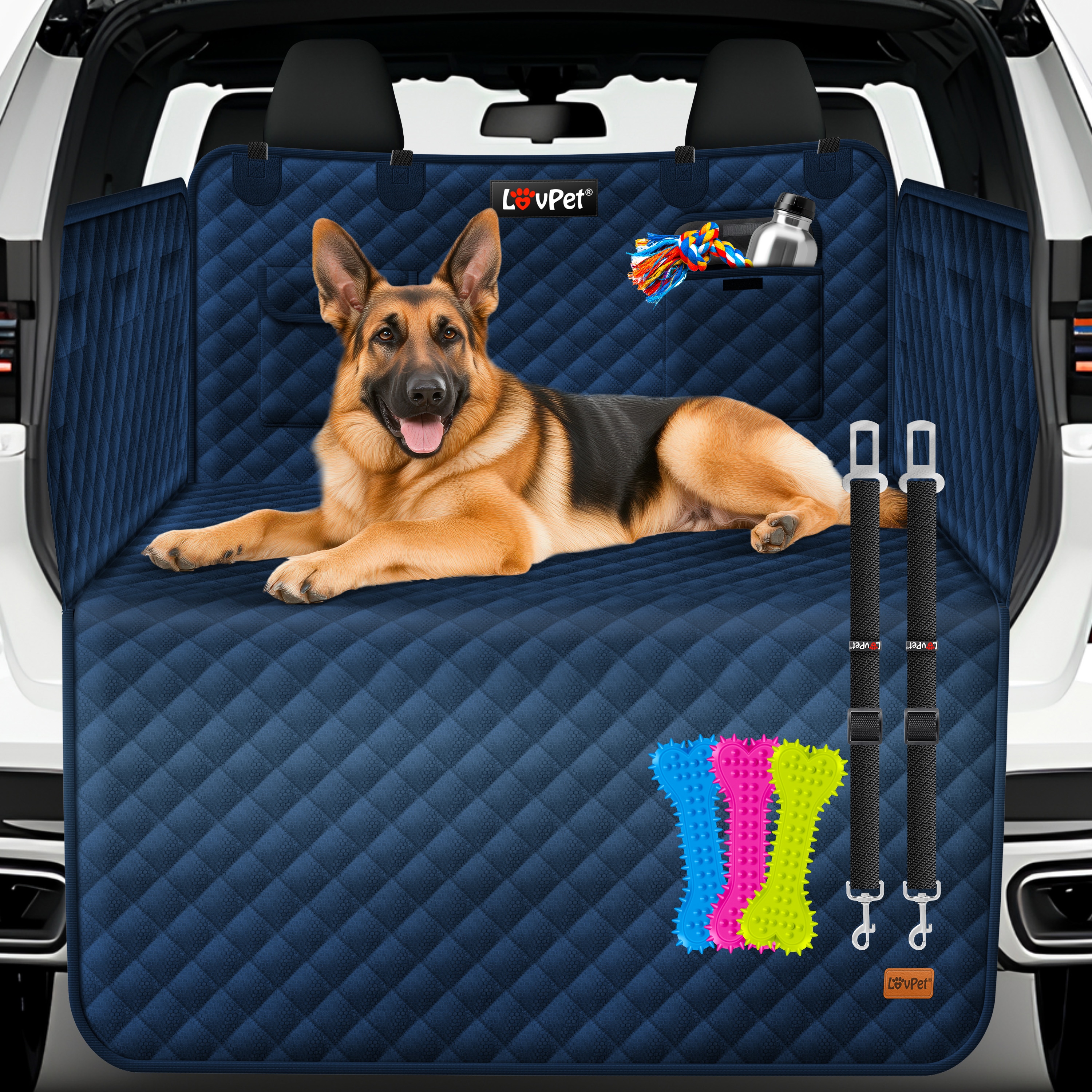 LOVPET&reg; Kofferraumschutz Hund gesteppt mit Seiten- und Ladekantenschutz | Universale Kofferraum-Schutzmatte f&uuml;r Hunde | Hundedecke Wasserabweisend & Kratzfest mit Sicherheitsgurt und Zubeh&ouml;r 