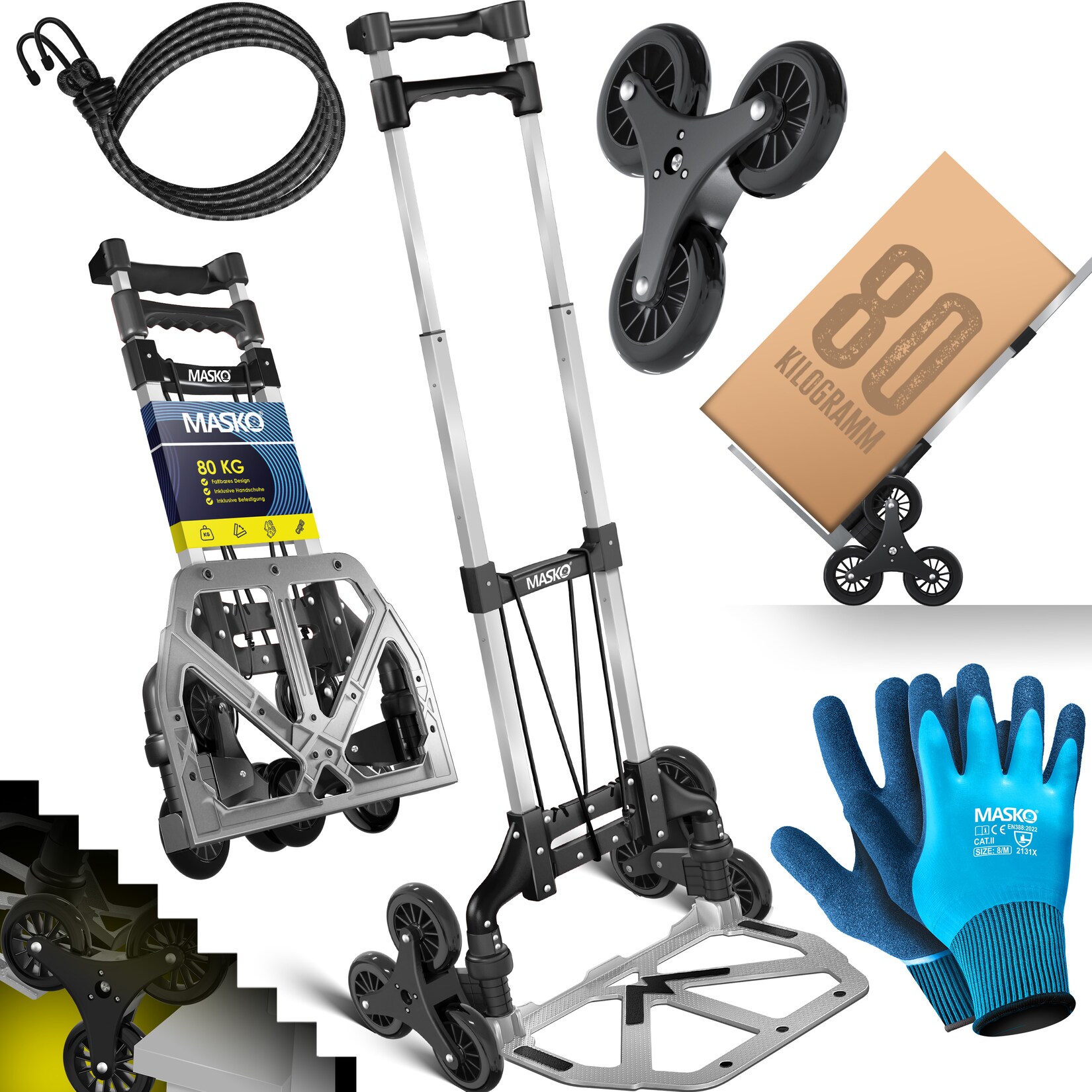 ® Stufen-Sackkarre Treppenkarre Klappbar  Tragkraft 3x3 Treppensteiger inkl. Rädern + Expanderseil + Handschuhe - höhenverstellbarer Griff - Aluminium Handkarre für Transportkarre