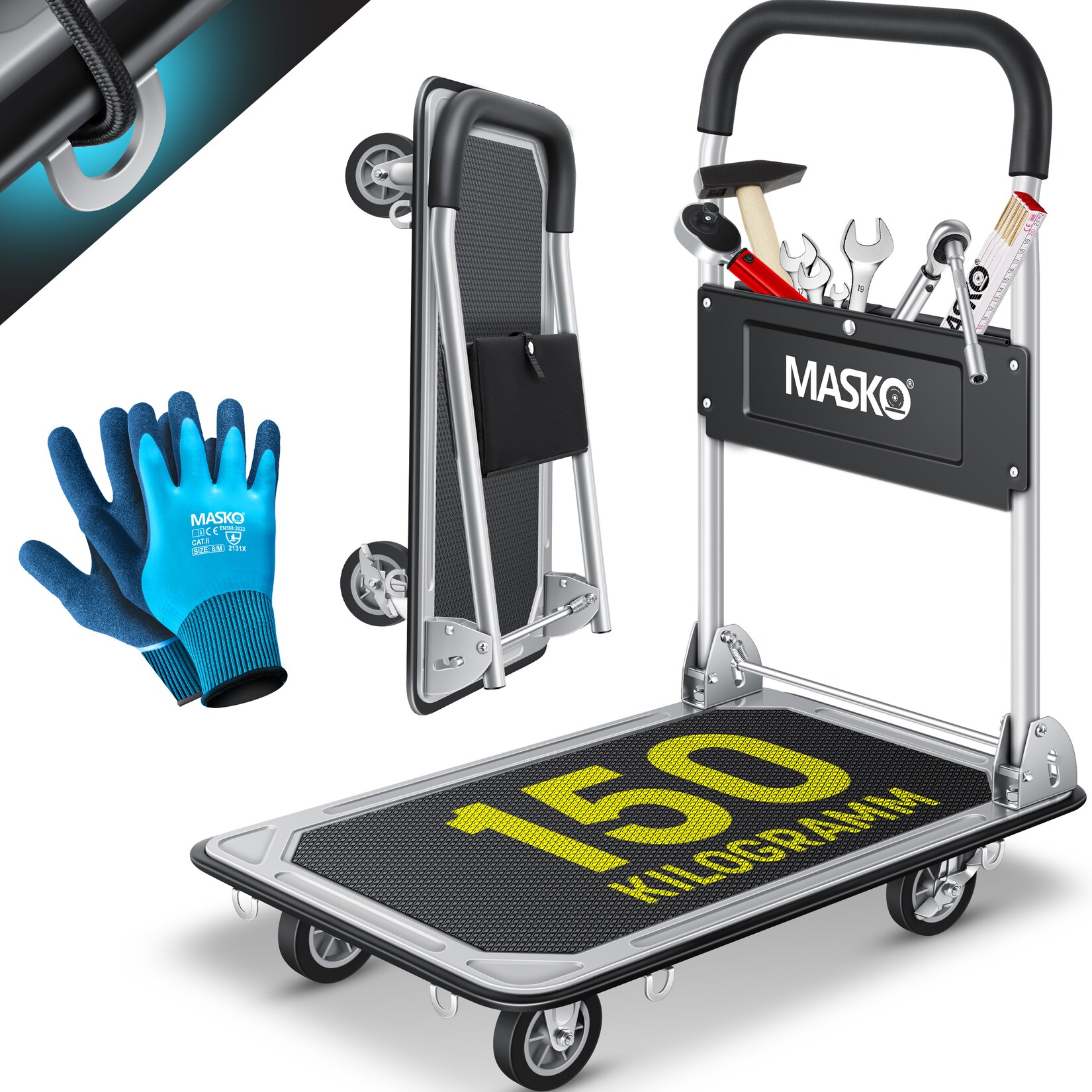 ® Plattformwagen Transportwagen Lagerwagen Klappbar Inkl. Arbeitshandschuhe   Feststellbremse Transporthilfe   Mit 6 Sicherungsösen   360° Lenkrollen   Paketwagen Klappwagen