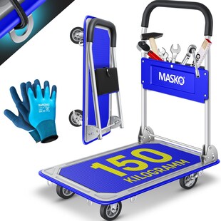 MASKO® Plattformwagen Transportwagen Lagerwagen Klappbar Inkl. Arbeitshandschuhe | Feststellbremse Transporthilfe | Mit 6 Sicherungsösen | 360° Lenkrollen | Paketwagen Klappwagen 