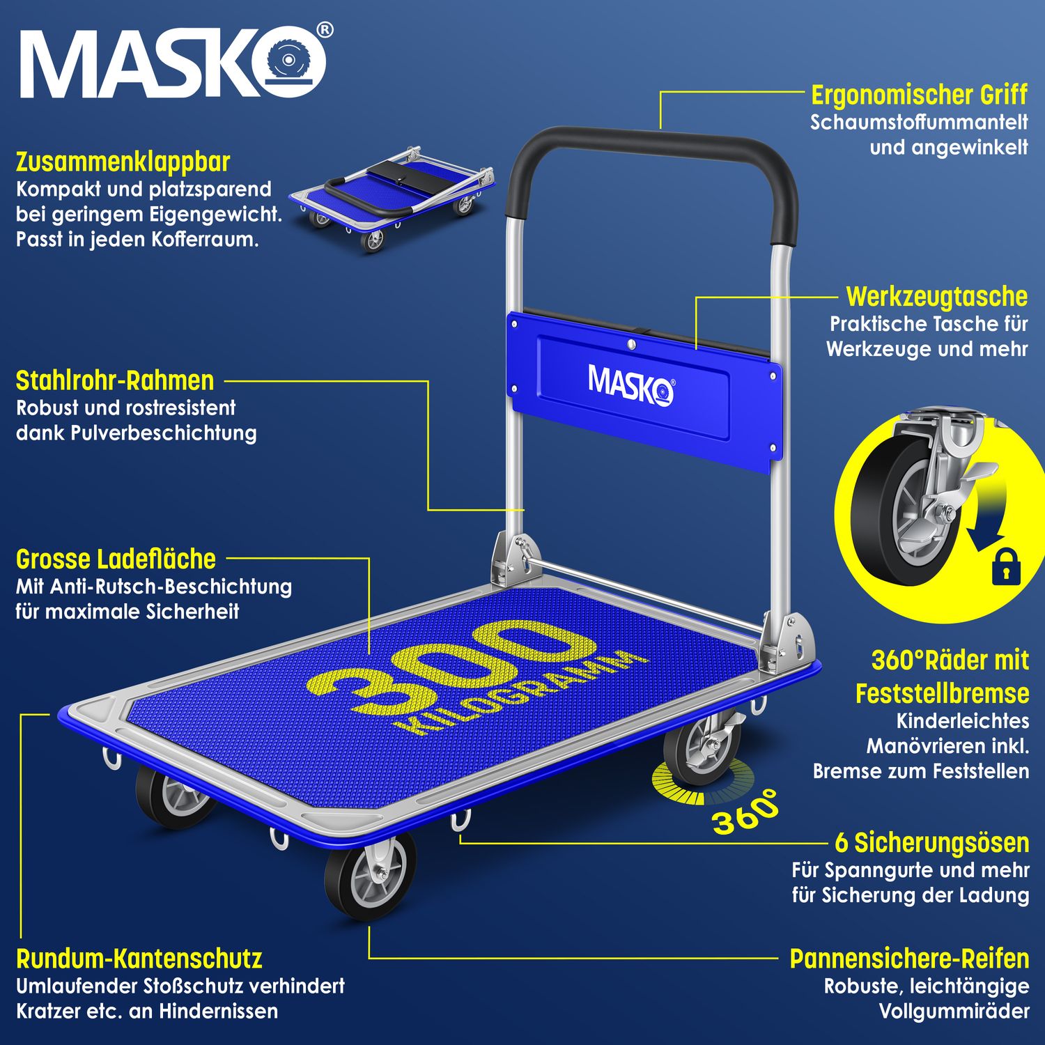MASKO Folding Handcart with Work Gloves, Parking Brake with 6 Safety Eyes, 360° Rotating Wheels, Folding Truck (Red, 300 kg