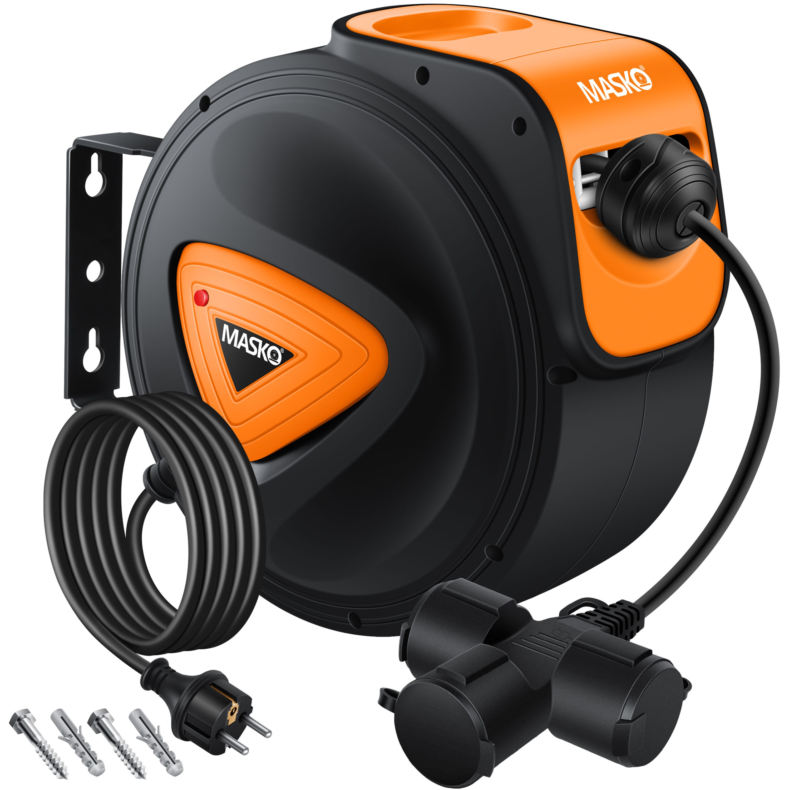 MASKO&reg; Automatik Kabeltrommel Verl&auml;ngerungskabel mit 3-Fach Anschluss 180&deg; drehbar 1,5m Zuleitung Wandhalterung Werkstatt Kabelaufroller Automatisch Stromtrommel Schlauchaufroller Inkl. Handschuhe 