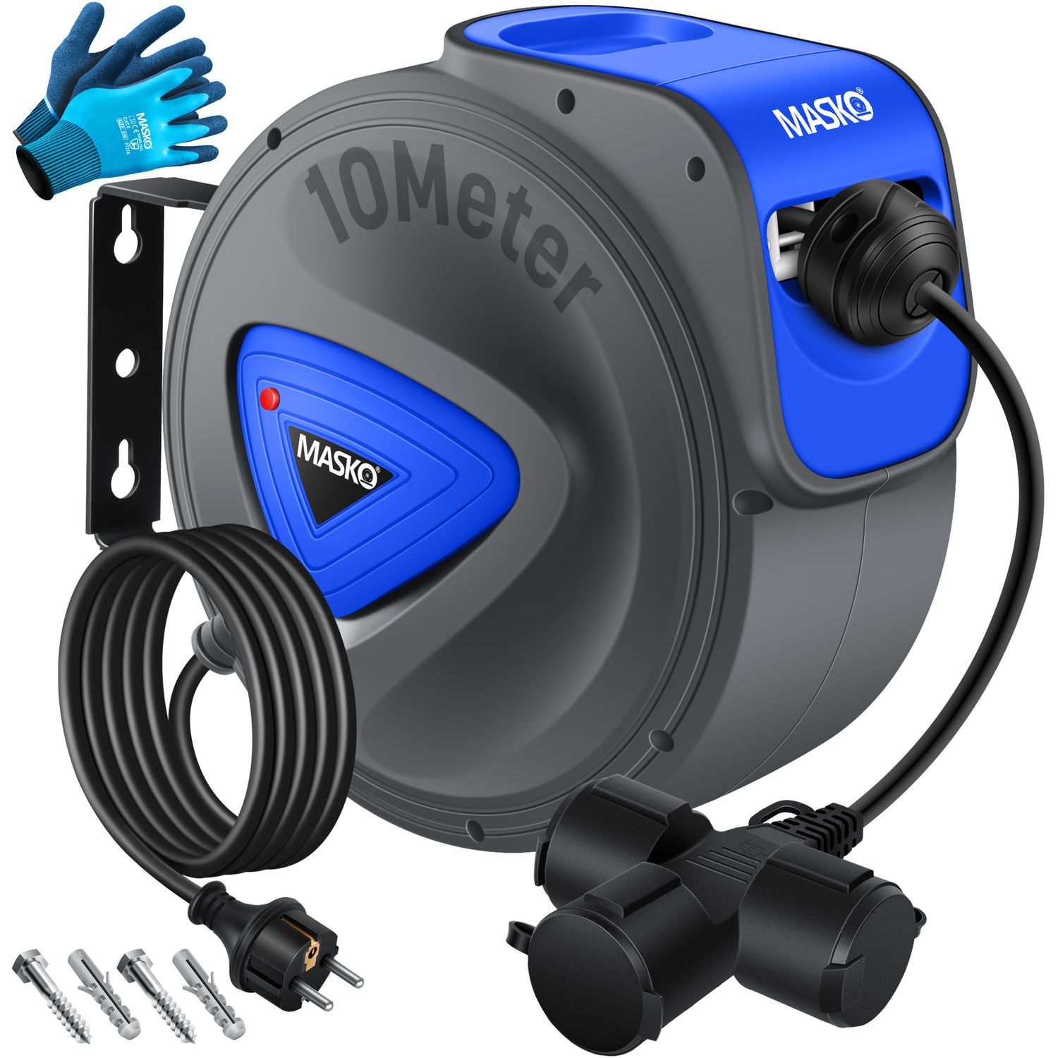 MASKO&reg; Automatik Kabeltrommel Verl&auml;ngerungskabel mit 3-Fach Anschluss 180&deg; drehbar 1,5m Zuleitung Wandhalterung Werkstatt Kabelaufroller Automatisch Stromtrommel Schlauchaufroller Inkl. Handschuhe 