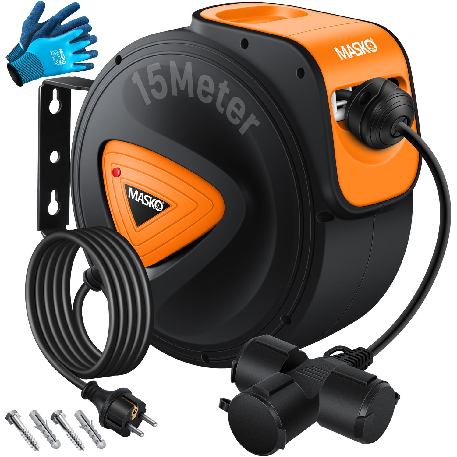 MASKO&reg; Automatik Kabeltrommel Verl&auml;ngerungskabel mit 3-Fach Anschluss 180&deg; drehbar 1,5m Zuleitung Wandhalterung Werkstatt Kabelaufroller Automatisch Stromtrommel Schlauchaufroller Inkl. Handschuhe 