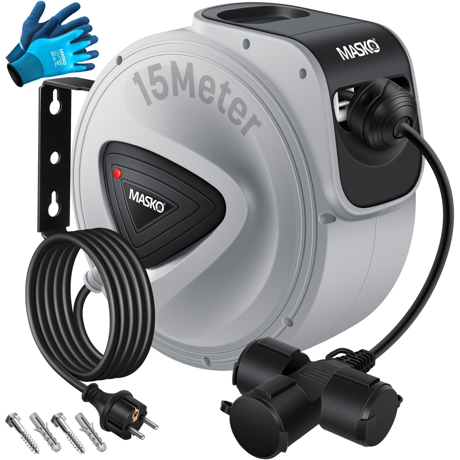 MASKO&reg; Automatik Kabeltrommel Verl&auml;ngerungskabel mit 3-Fach Anschluss 180&deg; drehbar 1,5m Zuleitung Wandhalterung Werkstatt Kabelaufroller Automatisch Stromtrommel Schlauchaufroller Inkl. Handschuhe 