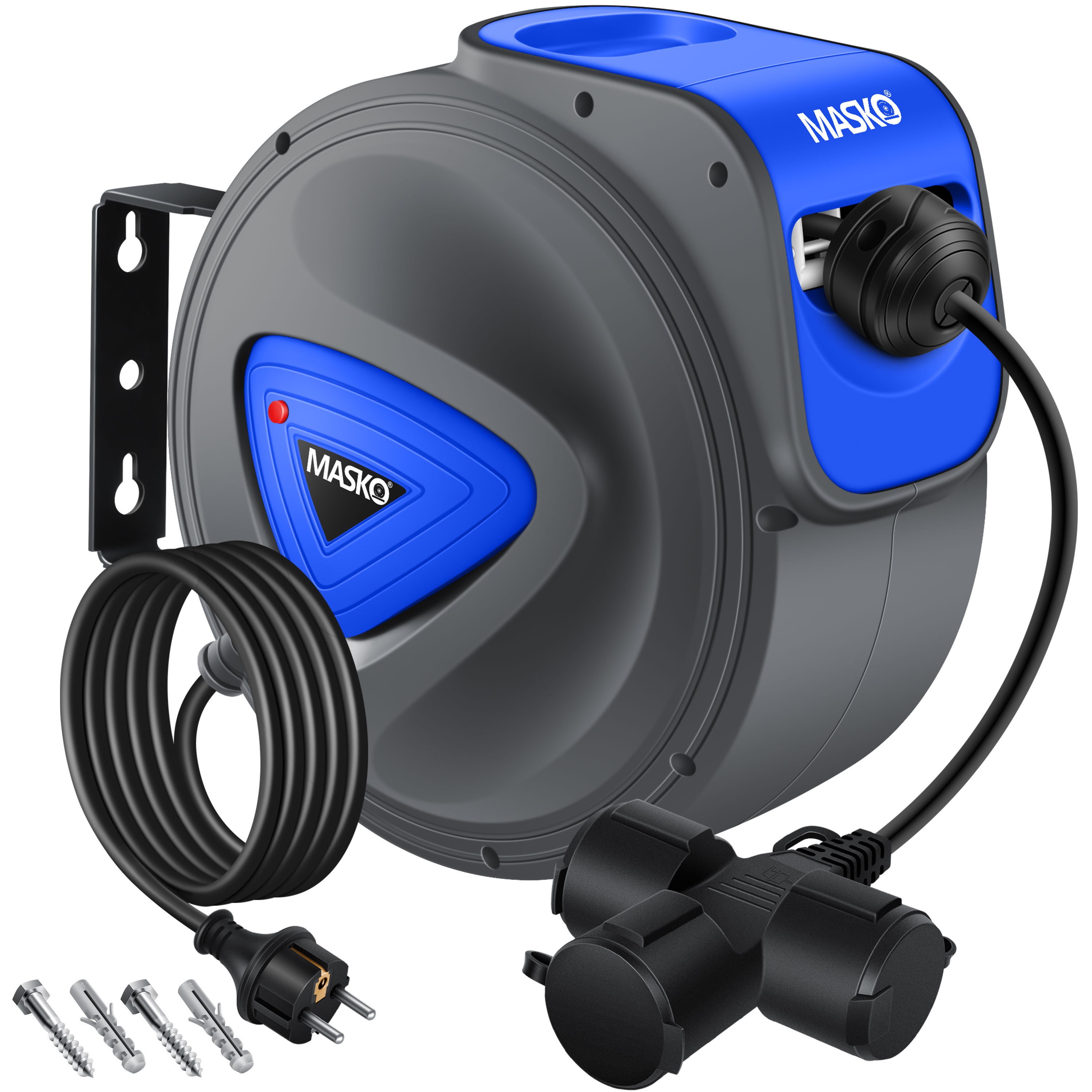 MASKO&reg; Automatik Kabeltrommel Verl&auml;ngerungskabel mit 3-Fach Anschluss 180&deg; drehbar 1,5m Zuleitung Wandhalterung Werkstatt Kabelaufroller Automatisch Stromtrommel Schlauchaufroller Inkl. Handschuhe 
