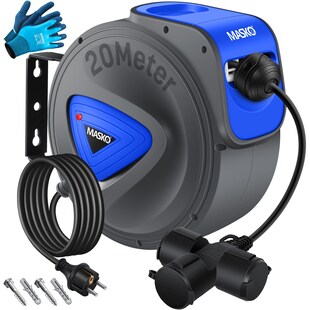 MASKO® Automatik Kabeltrommel Verlängerungskabel mit 3-Fach Anschluss 180° drehbar 1,5m Zuleitung Wandhalterung Werkstatt Kabelaufroller Automatisch Stromtrommel Schlauchaufroller Inkl. Handschuhe 