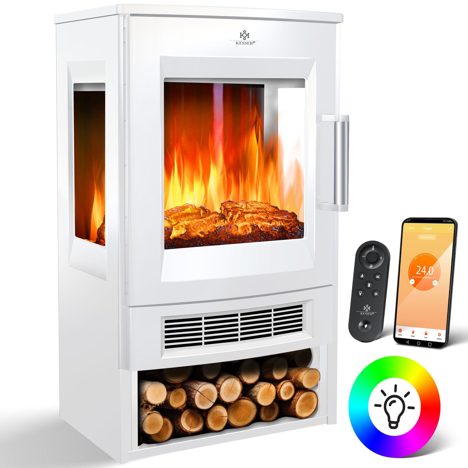 KESSER&reg; Elektrokamin mit Heizung Panorama-Sichtfenster Heizl&uuml;fter 9 LED-Flammeneffekt Farbmodi Fernbedienung WiFi App 900/1800W  Kaminfeuer elektrisch Elektro Kamin mit Thermostat Heizfunktion Timer 