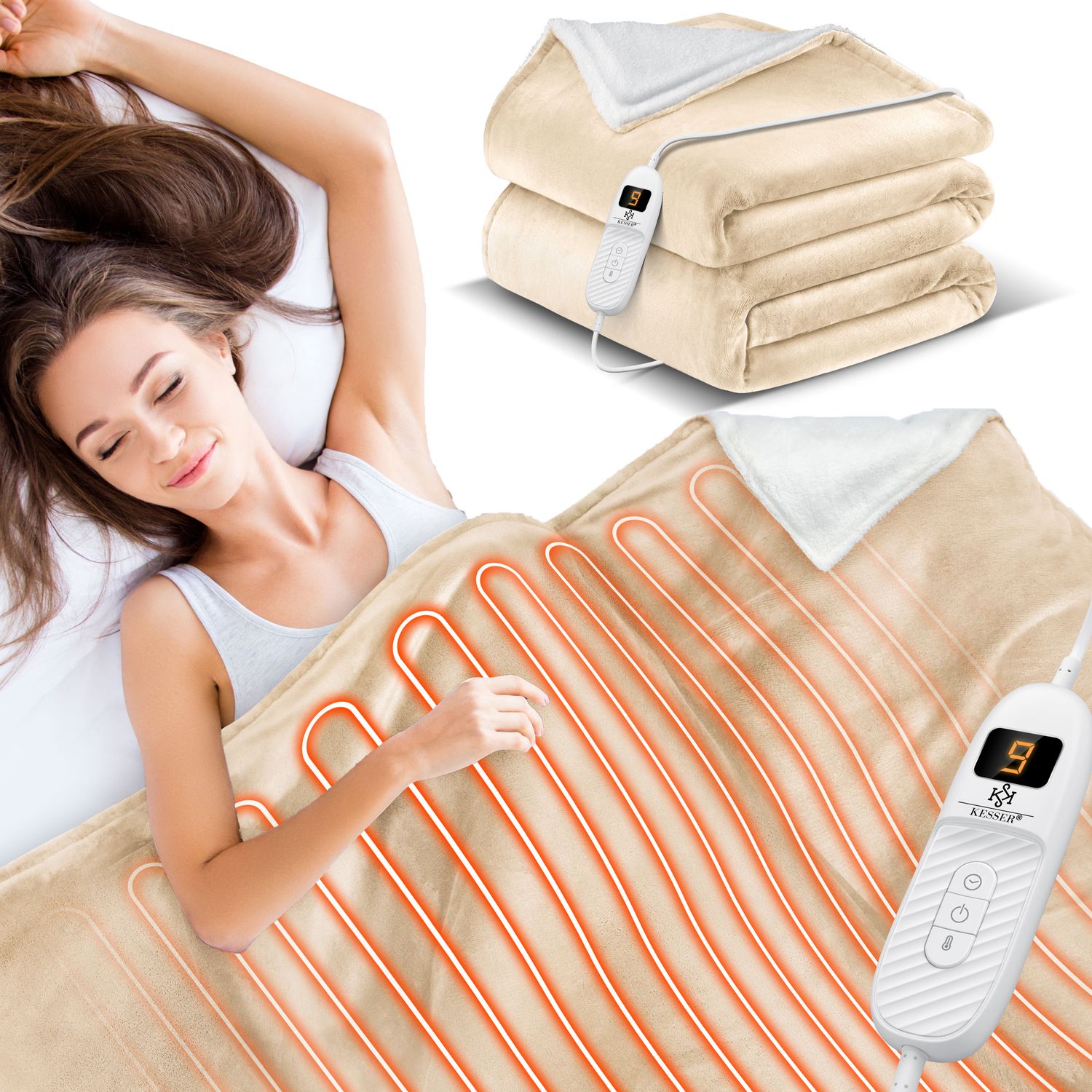 KESSER&reg; Heizdecke mit Abschaltautomatik Doppelseitig Elektrische W&auml;rmedecke | Kuscheldecke Bett, Sofa | 9 Temperaturstufen | waschbar bis 40&deg;C | mit Timer Digitalanzeige 