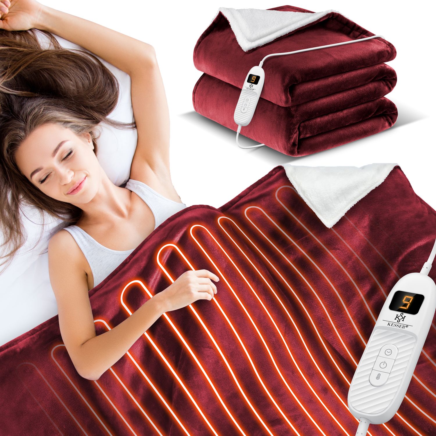KESSER&reg; Heizdecke mit Abschaltautomatik Doppelseitig Elektrische W&auml;rmedecke | Kuscheldecke Bett, Sofa | 9 Temperaturstufen | waschbar bis 40&deg;C | mit Timer Digitalanzeige 