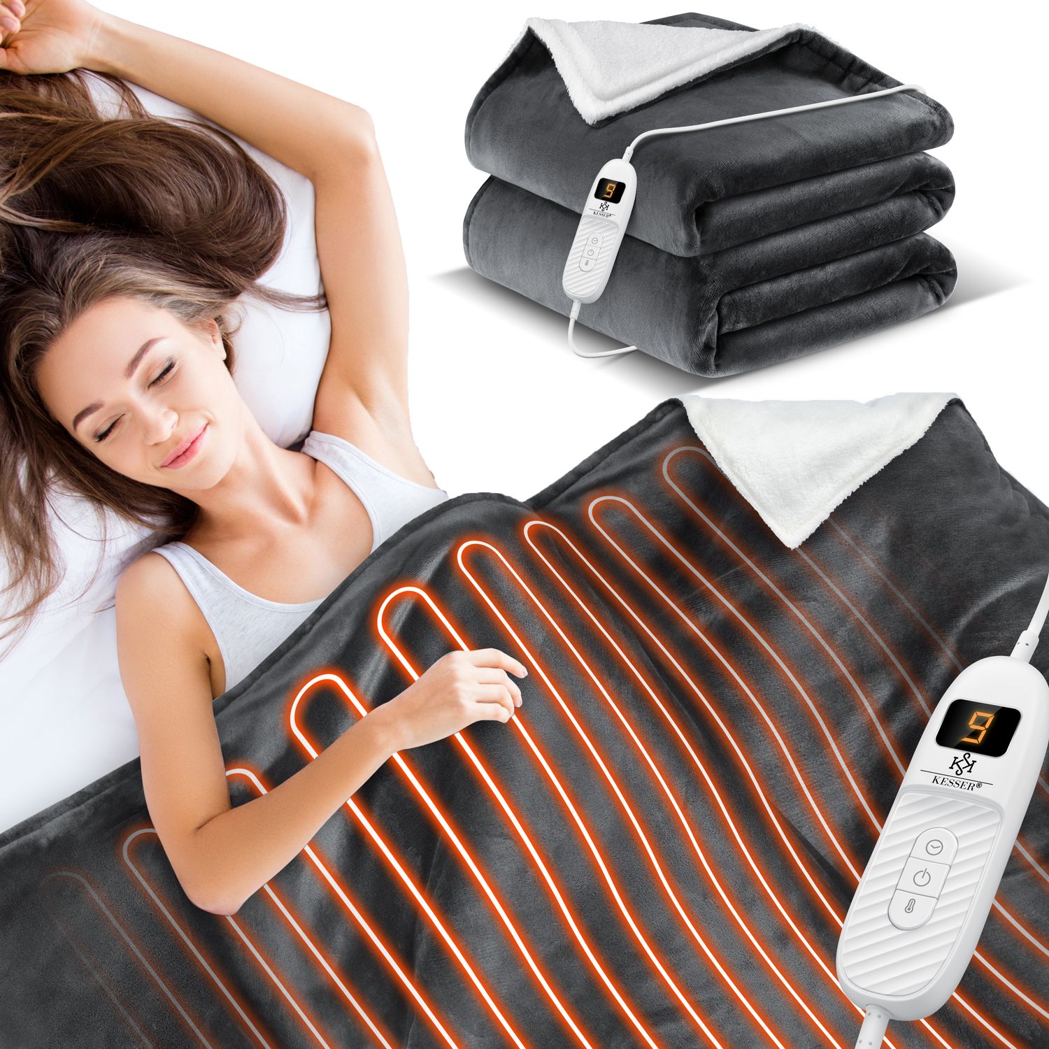 KESSER&reg; Heizdecke mit Abschaltautomatik Doppelseitig Elektrische W&auml;rmedecke | Kuscheldecke Bett, Sofa | 9 Temperaturstufen | waschbar bis 40&deg;C | mit Timer Digitalanzeige 