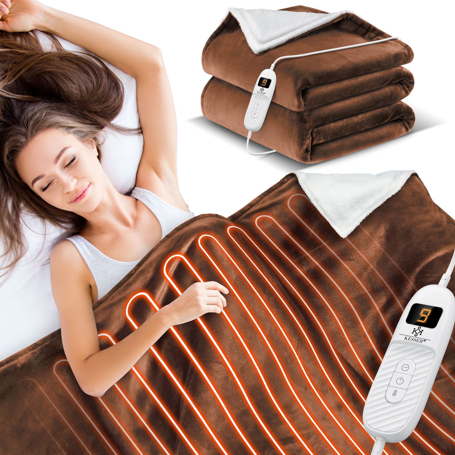 KESSER&reg; Heizdecke mit Abschaltautomatik Doppelseitig Elektrische W&auml;rmedecke | Kuscheldecke Bett, Sofa | 9 Temperaturstufen | waschbar bis 40&deg;C | mit Timer Digitalanzeige 