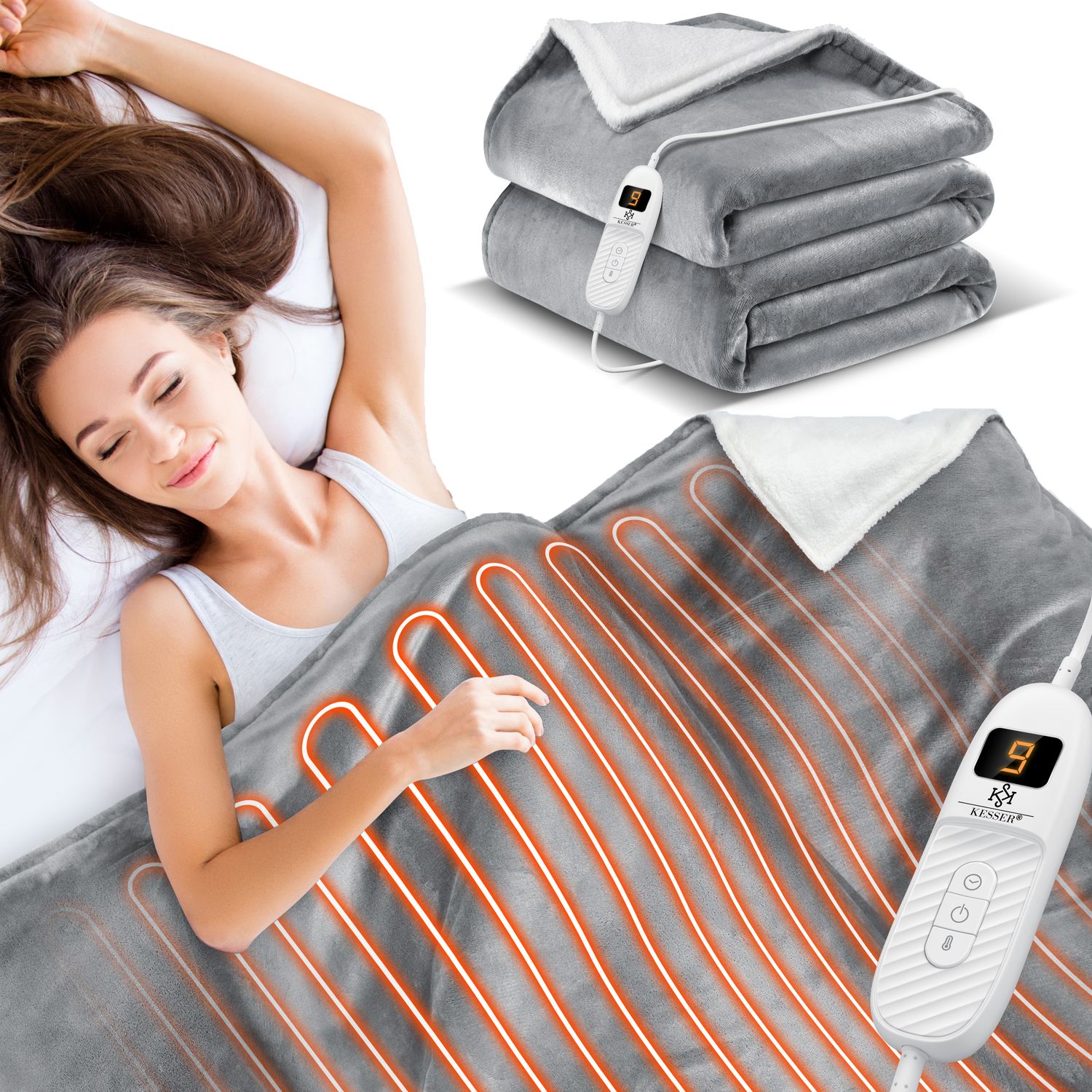 KESSER&reg; Heizdecke mit Abschaltautomatik Doppelseitig Elektrische W&auml;rmedecke | Kuscheldecke Bett, Sofa | 9 Temperaturstufen | waschbar bis 40&deg;C | mit Timer Digitalanzeige 