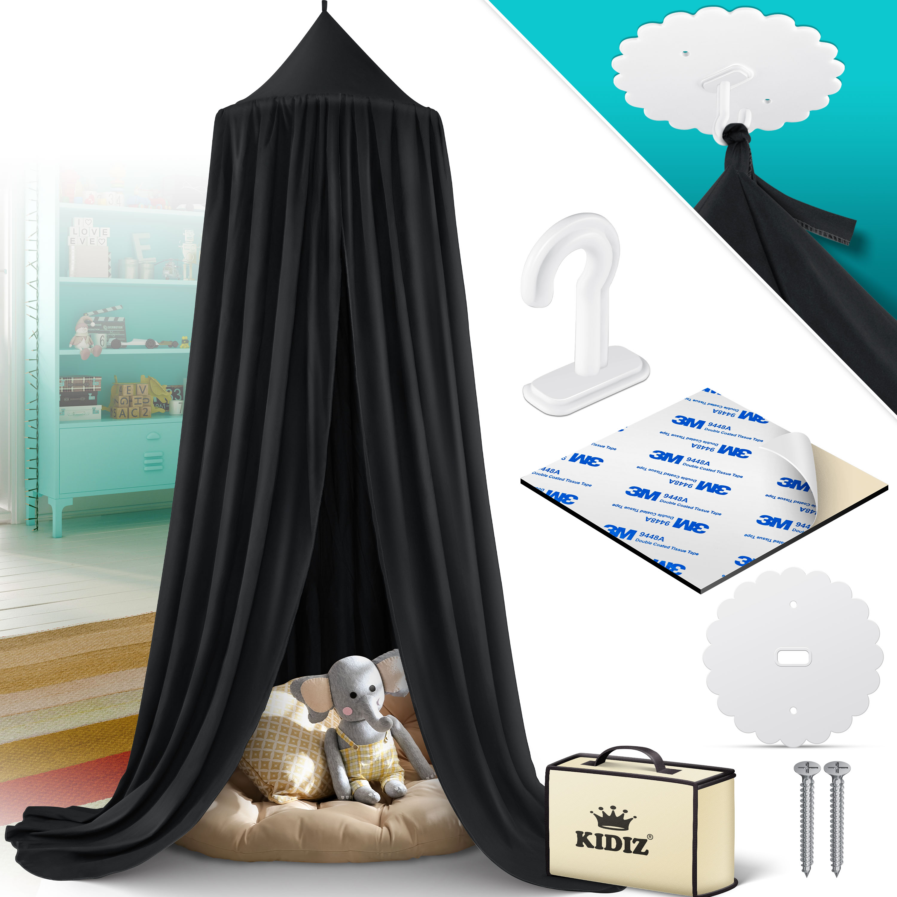 KIDIZ&reg; Baldachin Kinderzimmer Betthimmel babybett f&uuml;r Schlafzimmer Inkl. Aufbewahrungstasche | ohne Bohren | Sauml&auml;nge ca. 270cm | Moskitonetz Insektenschutz Kinder Spielzelte 