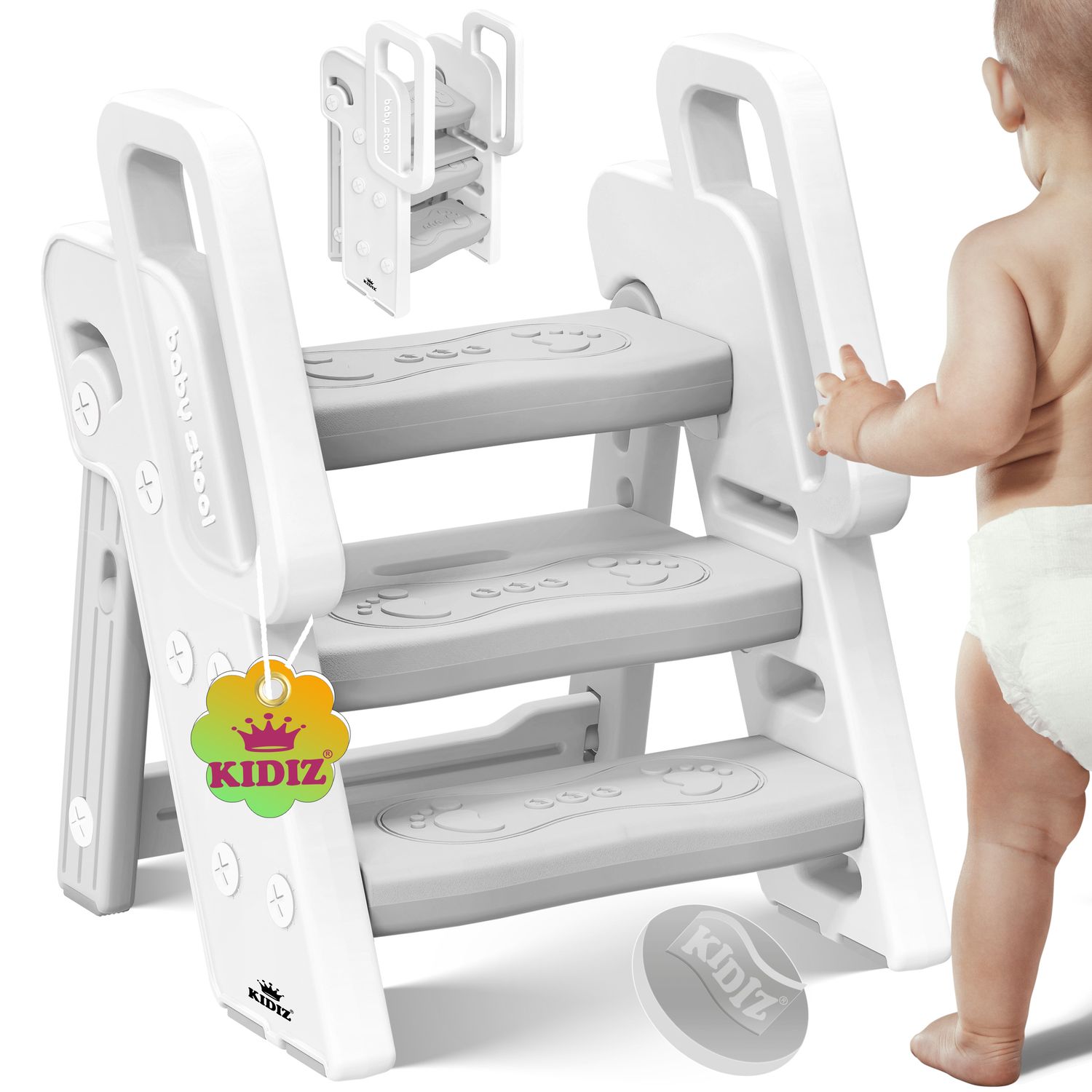 KIDIZ&reg; Tritthocker f&uuml;r Kinder Trittleiter Klappbar mit 3 Stufen | Faltbarer Lern-Turm ab 18 Monaten bis 6 Jahren | Robust | Sicherer & Stabiler Trittschemel | H&ouml;henverstellbar Rutschfest 