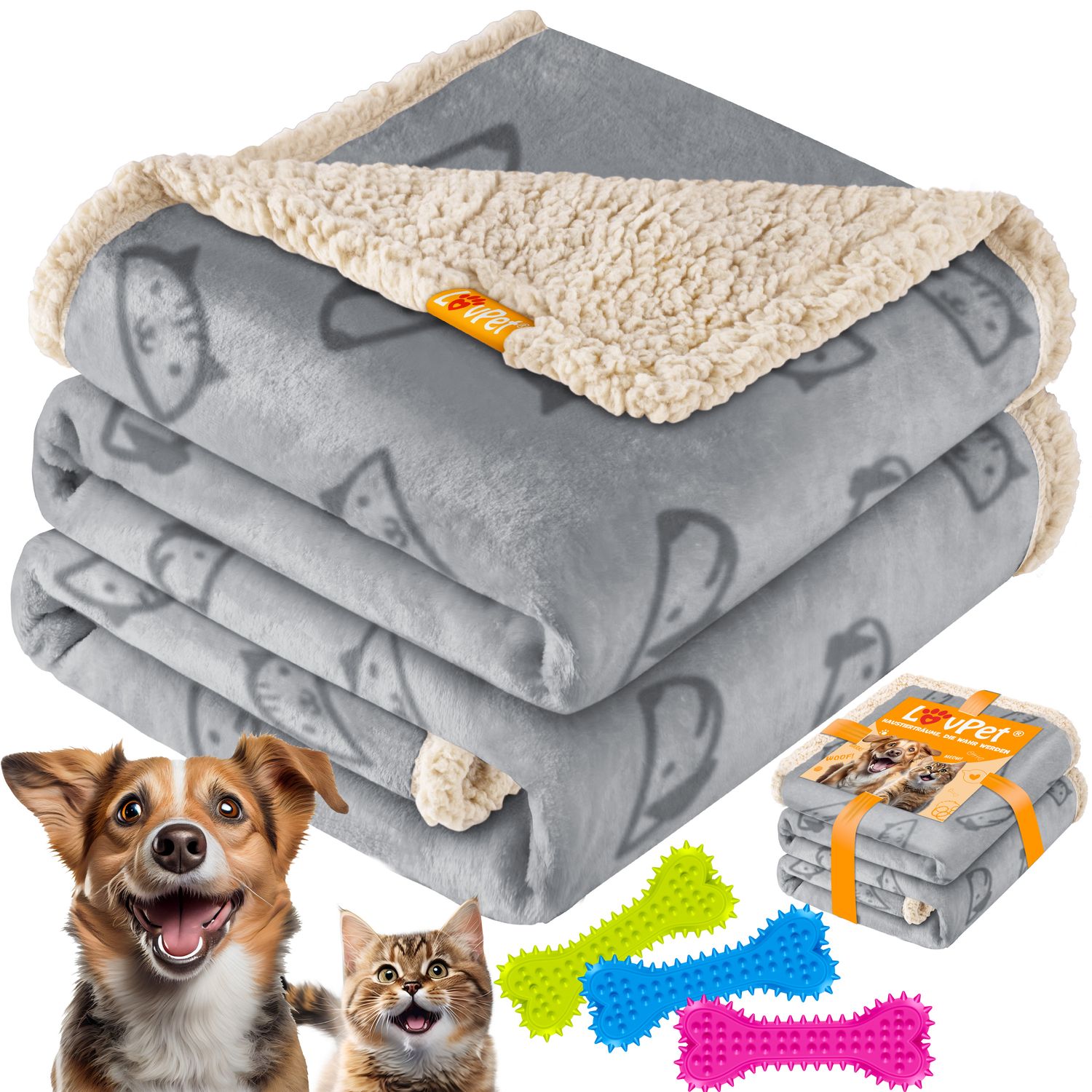 LOVPET&reg; wasserdichte Hundedecke, Sherpa Fleece Haustier Decke + 3x Spielzeugknochen, maschinenwaschbar, beidseitiger Sofabezug-Schutz 