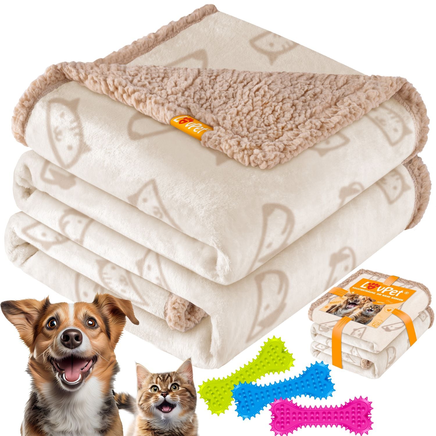 LOVPET&reg; wasserdichte Hundedecke, Sherpa Fleece Haustier Decke + 3x Spielzeugknochen, maschinenwaschbar, beidseitiger Sofabezug-Schutz 