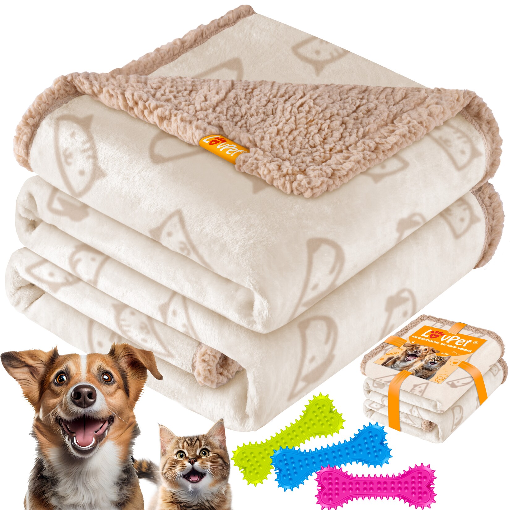 ® wasserdichte Hundedecke, Sherpa Fleece Haustier Decke + 3x Spielzeugknochen, maschinenwaschbar, beidseitiger Sofabezug-Schutz