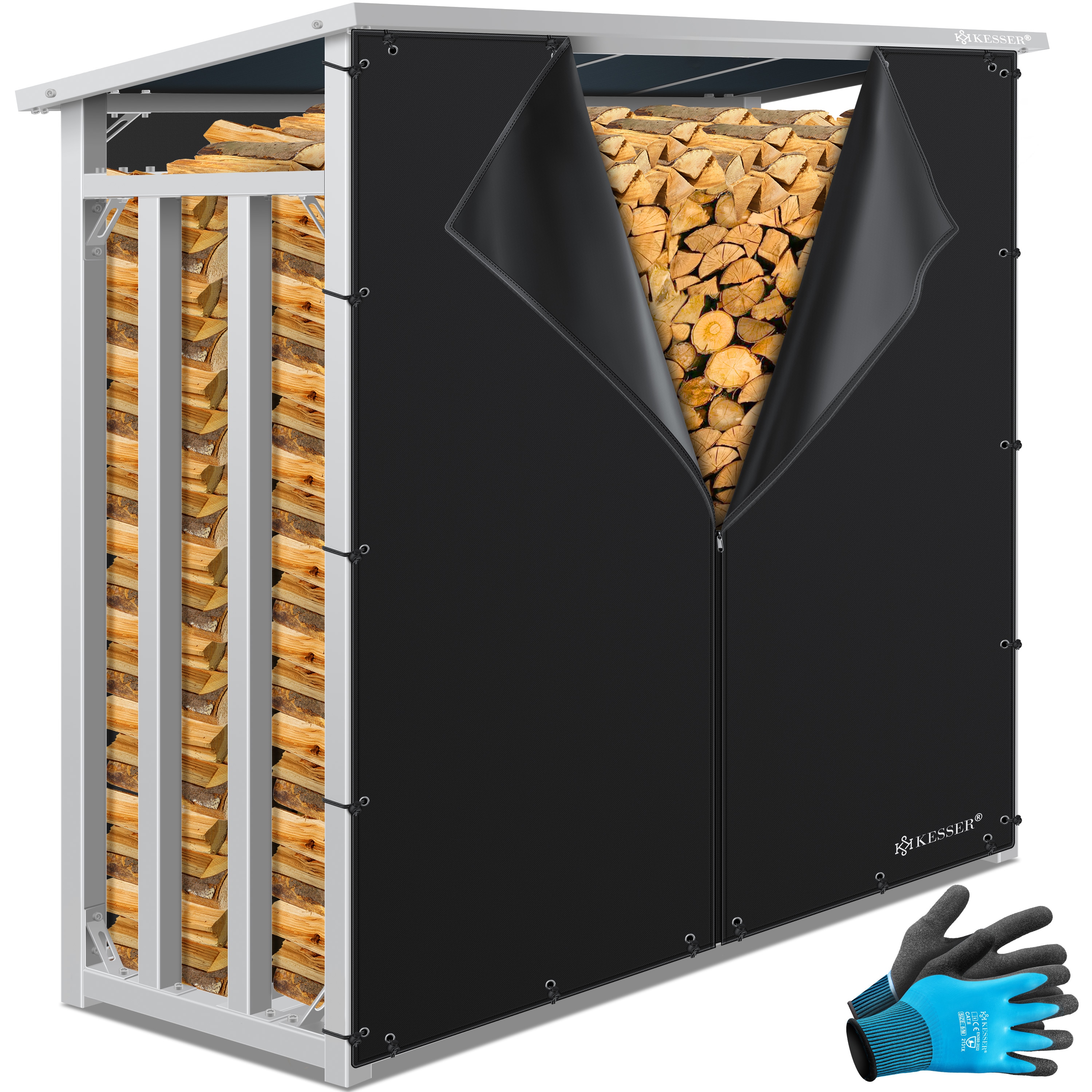 KESSER&reg; Kaminholzregal Metall 188 x 70 x 185 cm Brennholzregal 3,3 SRM / 2,3m&sup3; | au&szlig;en Stahlrahmen + Abdeckung & Handschuhe Stapelhilfe Kaminholzlager Wasserdichter Holzlager f&uuml;r Garten Terrasse 