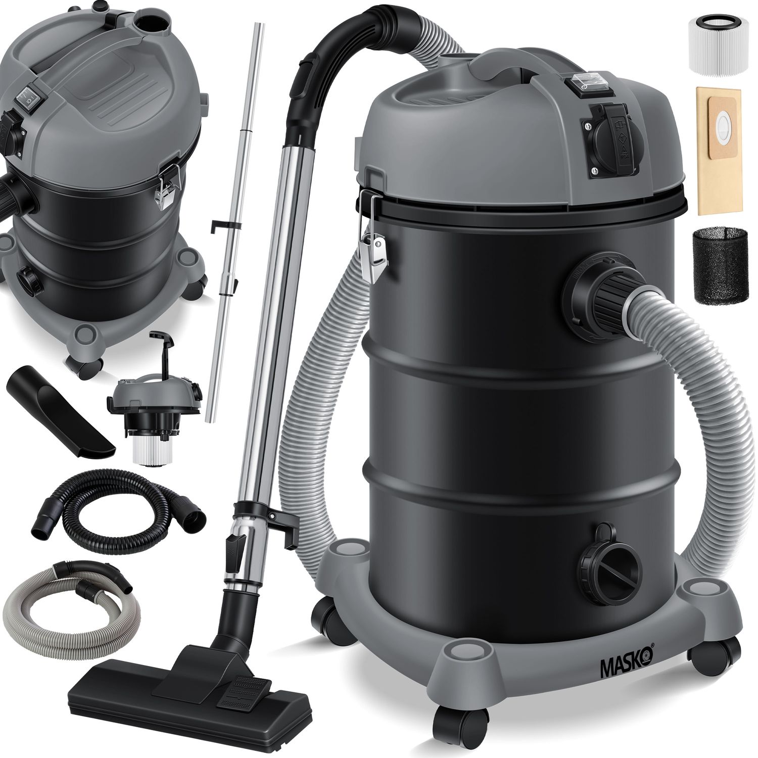 MASKO&reg; 6IN1 Industriestaubsauger Staubsauger Nass Trocken Sauger Aschesauger 2300W + Steckdose ? Blasfunktion ? Trocken-Saugen & Nass-Saugen | Industrie-Sauger mit & ohne Beutel | beutellos 